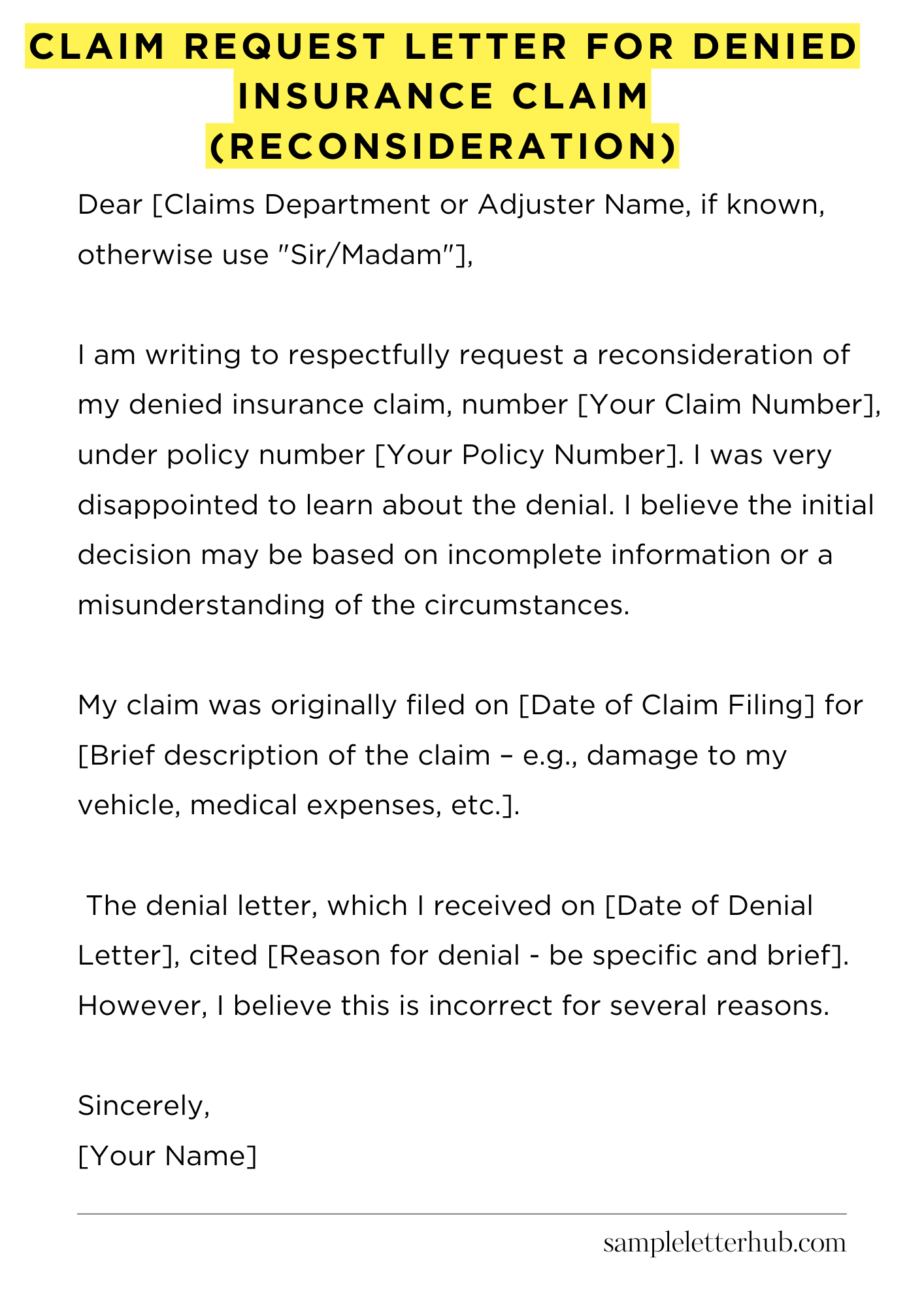 Claim Request Letter for Claim Request Letter for Denied Insurance Claim (Reconsideration) Payment Issue