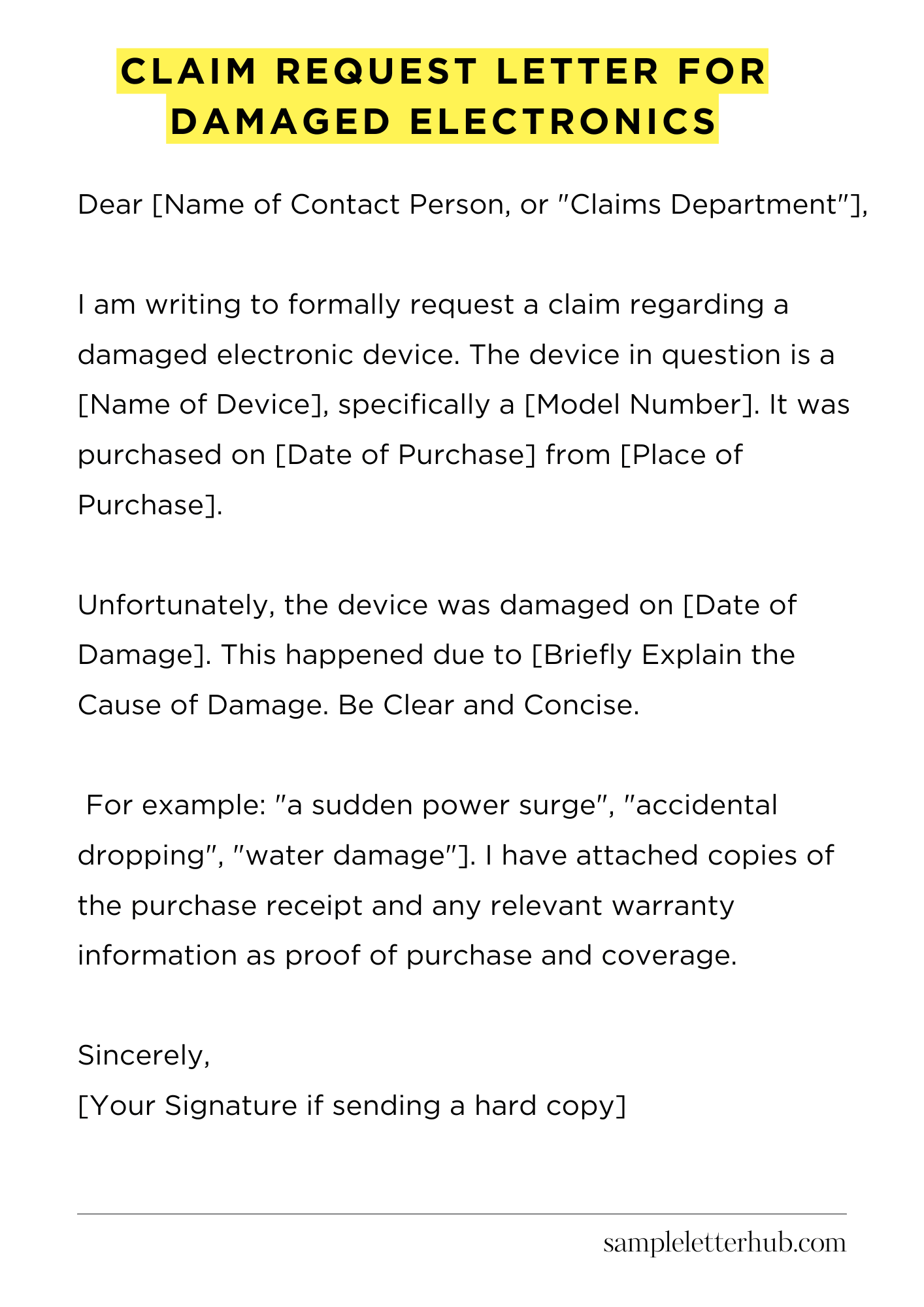 Claim Request Letter for Damaged Electronics