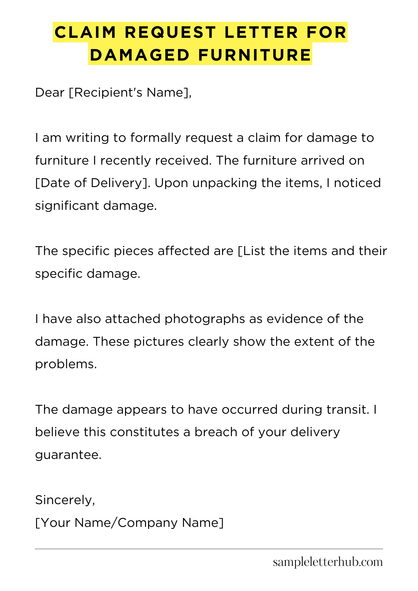 Claim Request Letter for Damaged Furniture