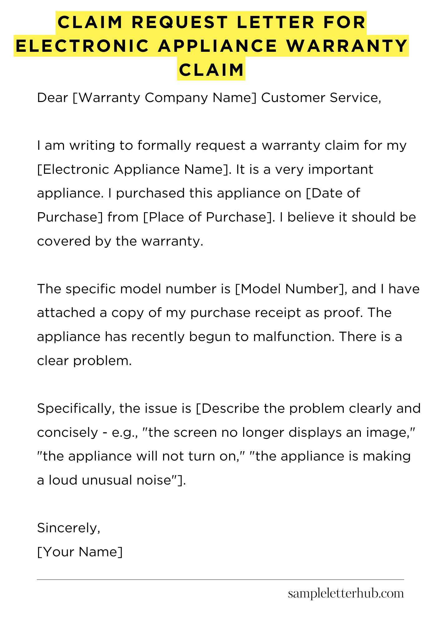 Claim Request Letter for Electronic Appliance Warranty Claim