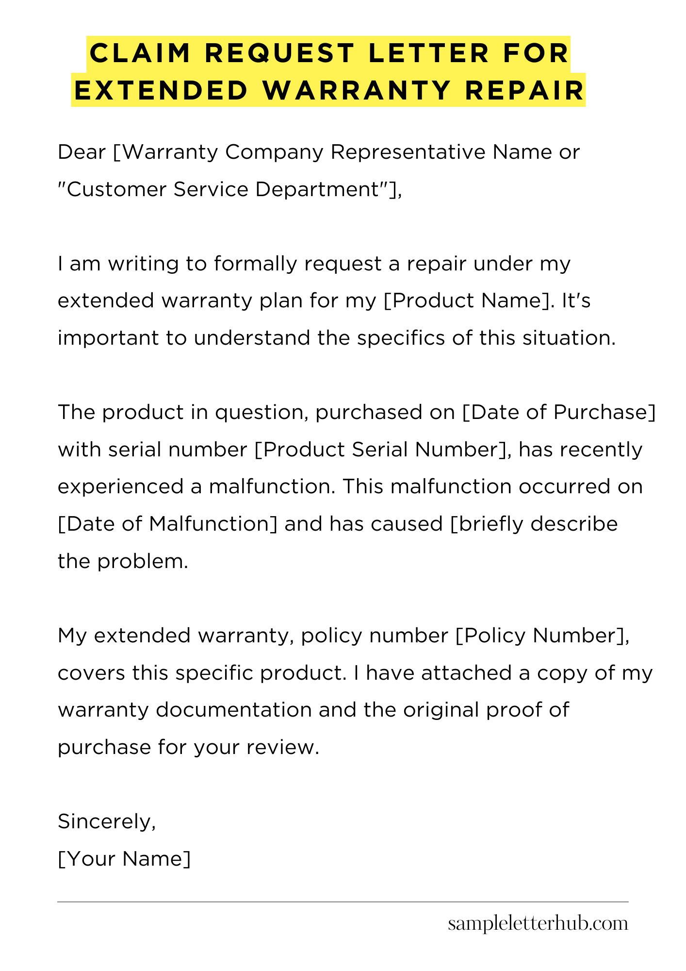 Claim Request Letter for Extended Warranty Repair