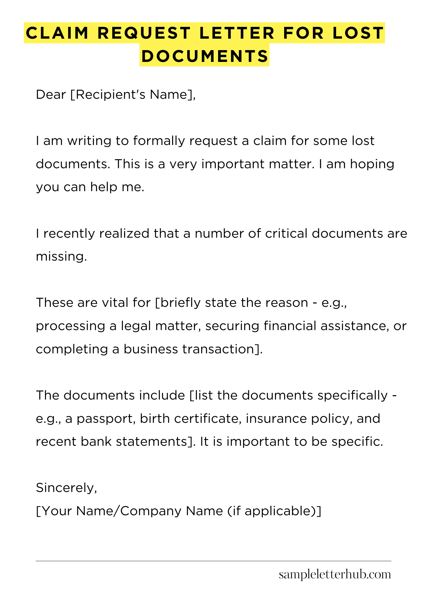Claim Request Letter for Lost Documents