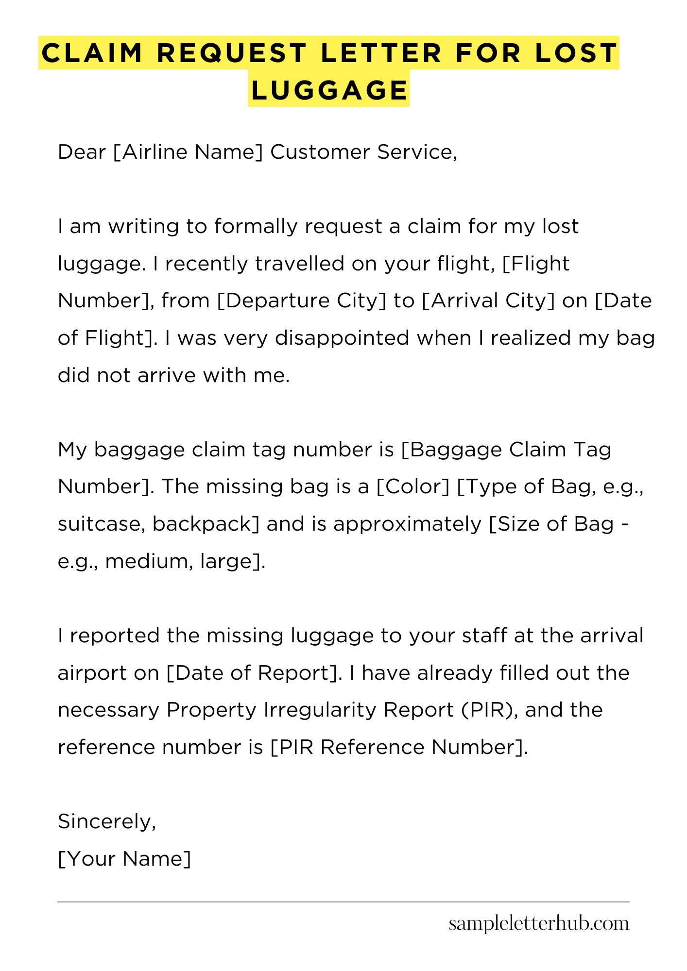 Claim Request Letter for Lost Luggage
