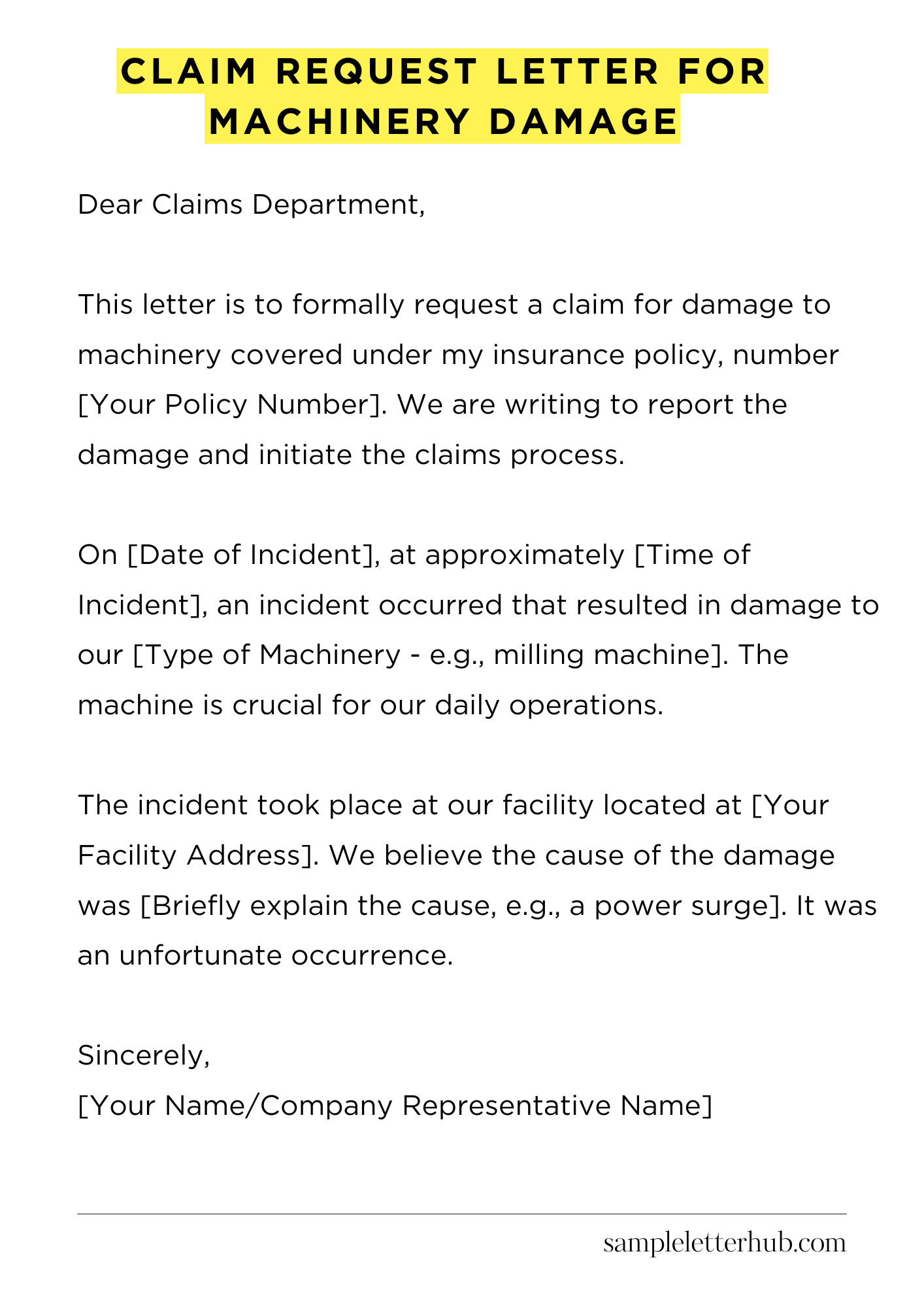 Claim Request Letter for Machinery Damage