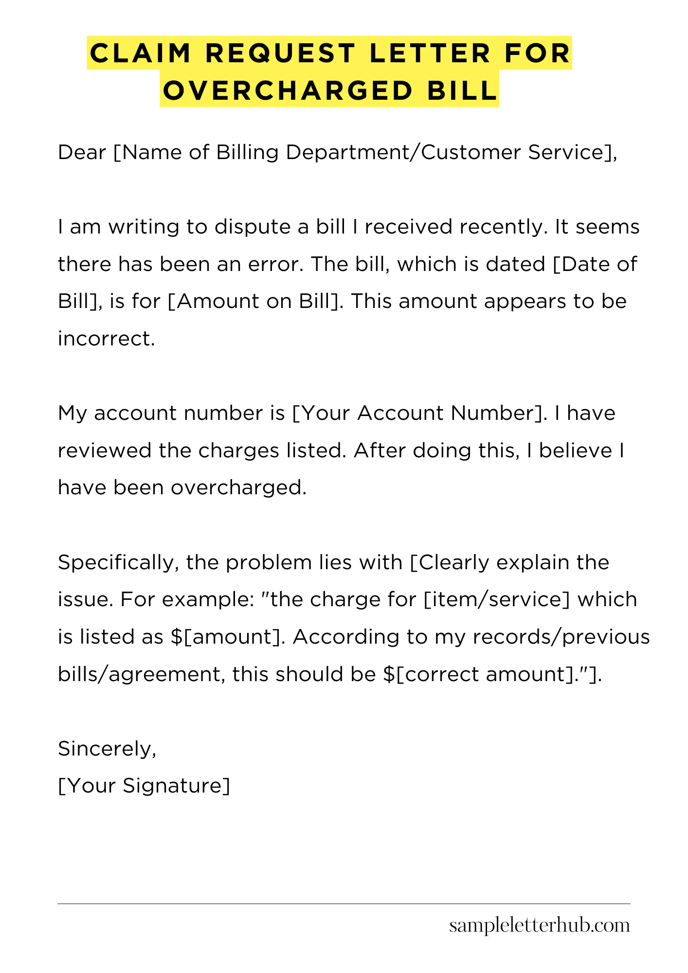 Claim Request Letter for Overcharged Bill