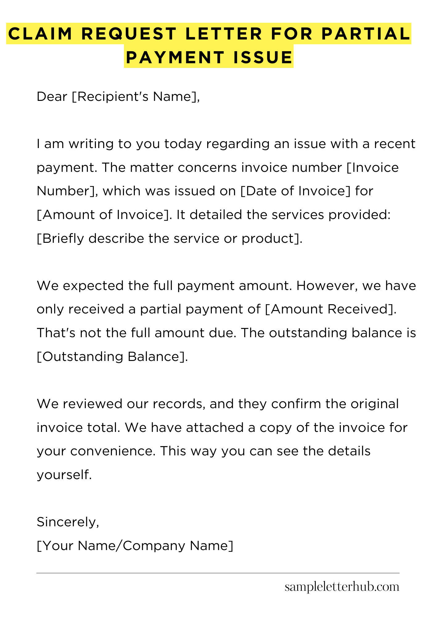 Claim Request Letter for Partial Payment Issue