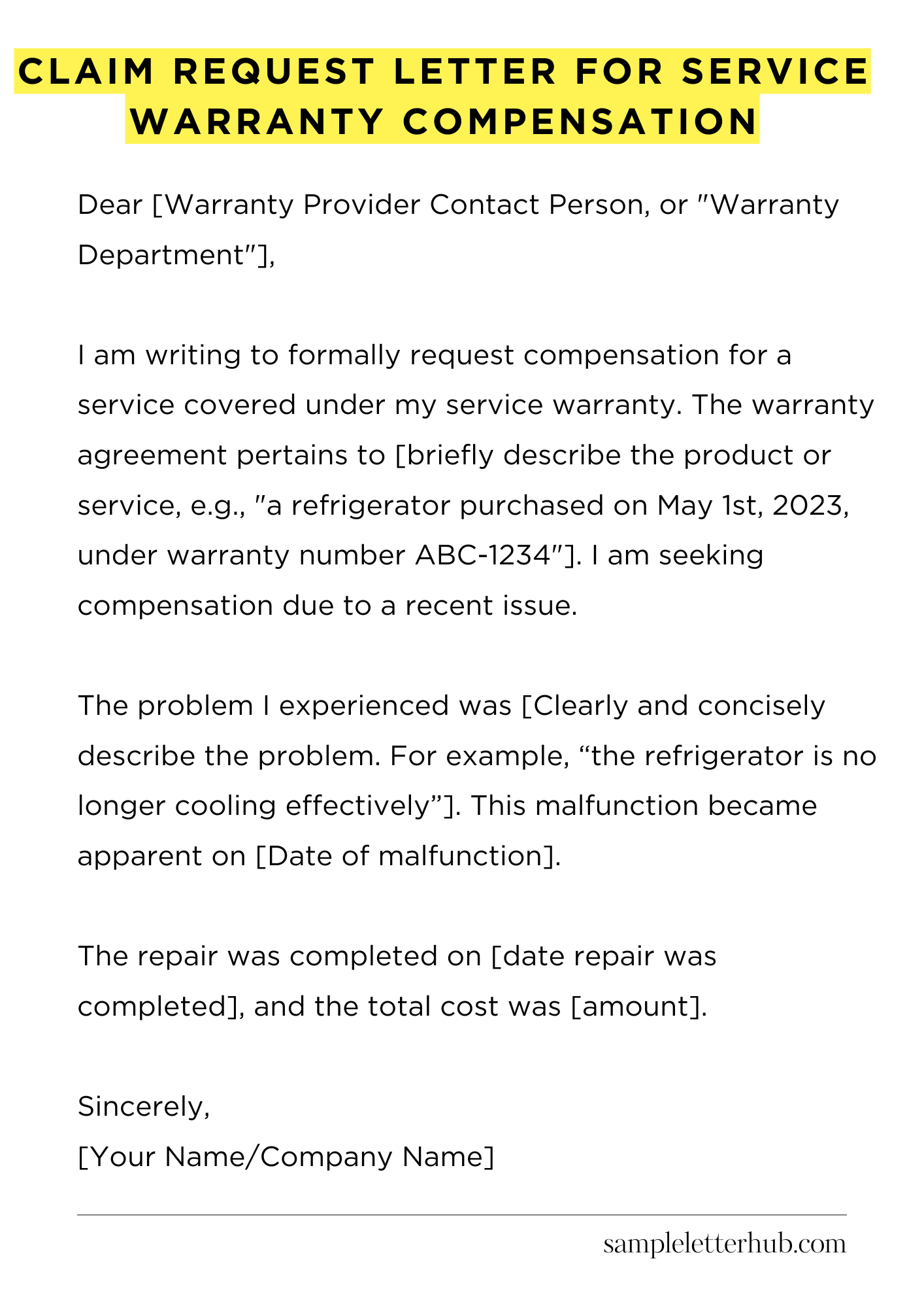 Claim Request Letter for Service Warranty Compensation