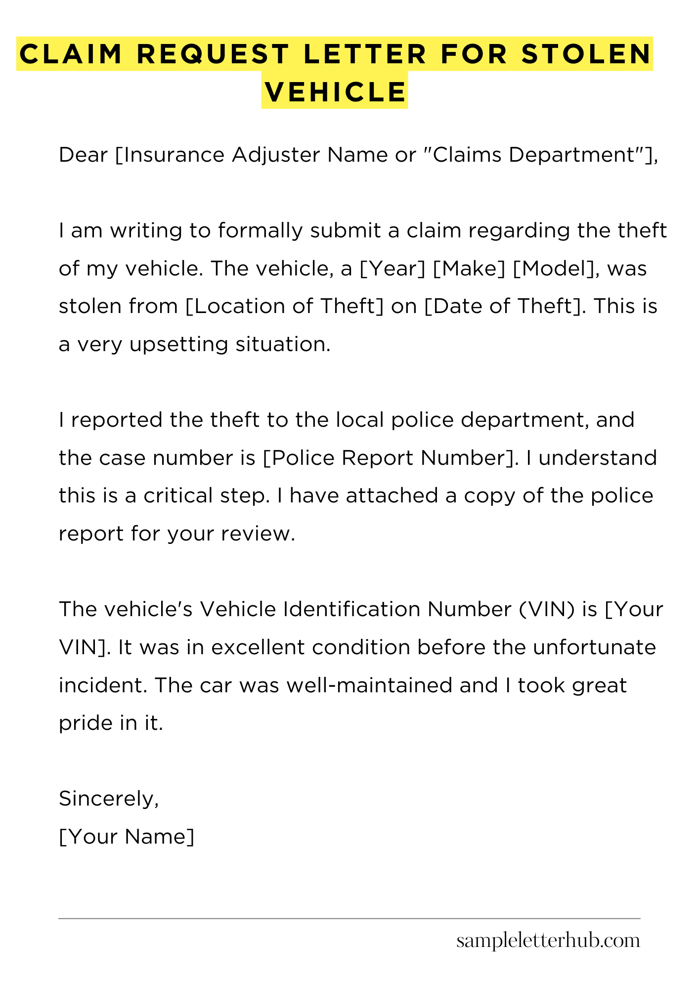 Claim Request Letter for Stolen Vehicle