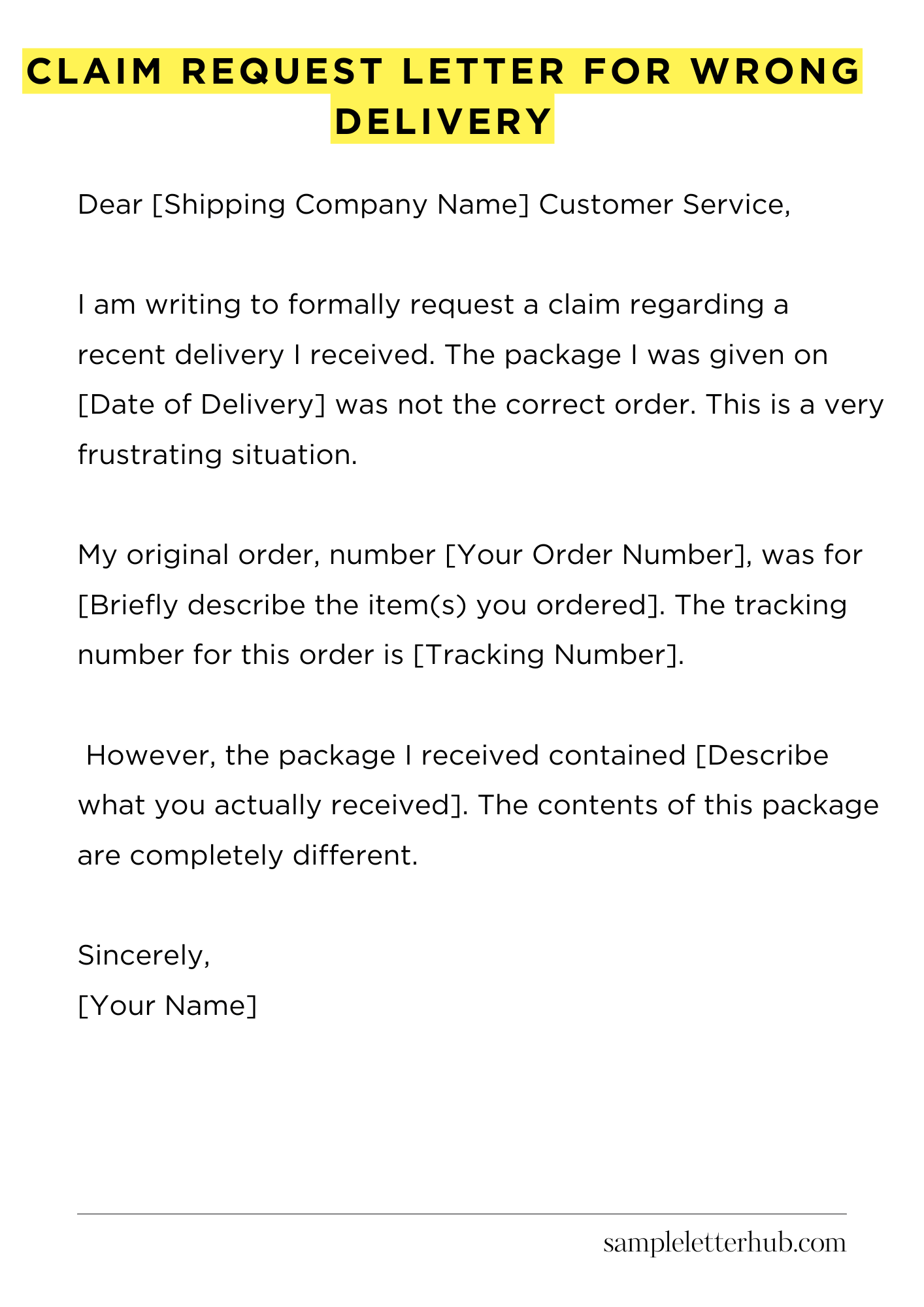Claim Request Letter for Wrong Delivery