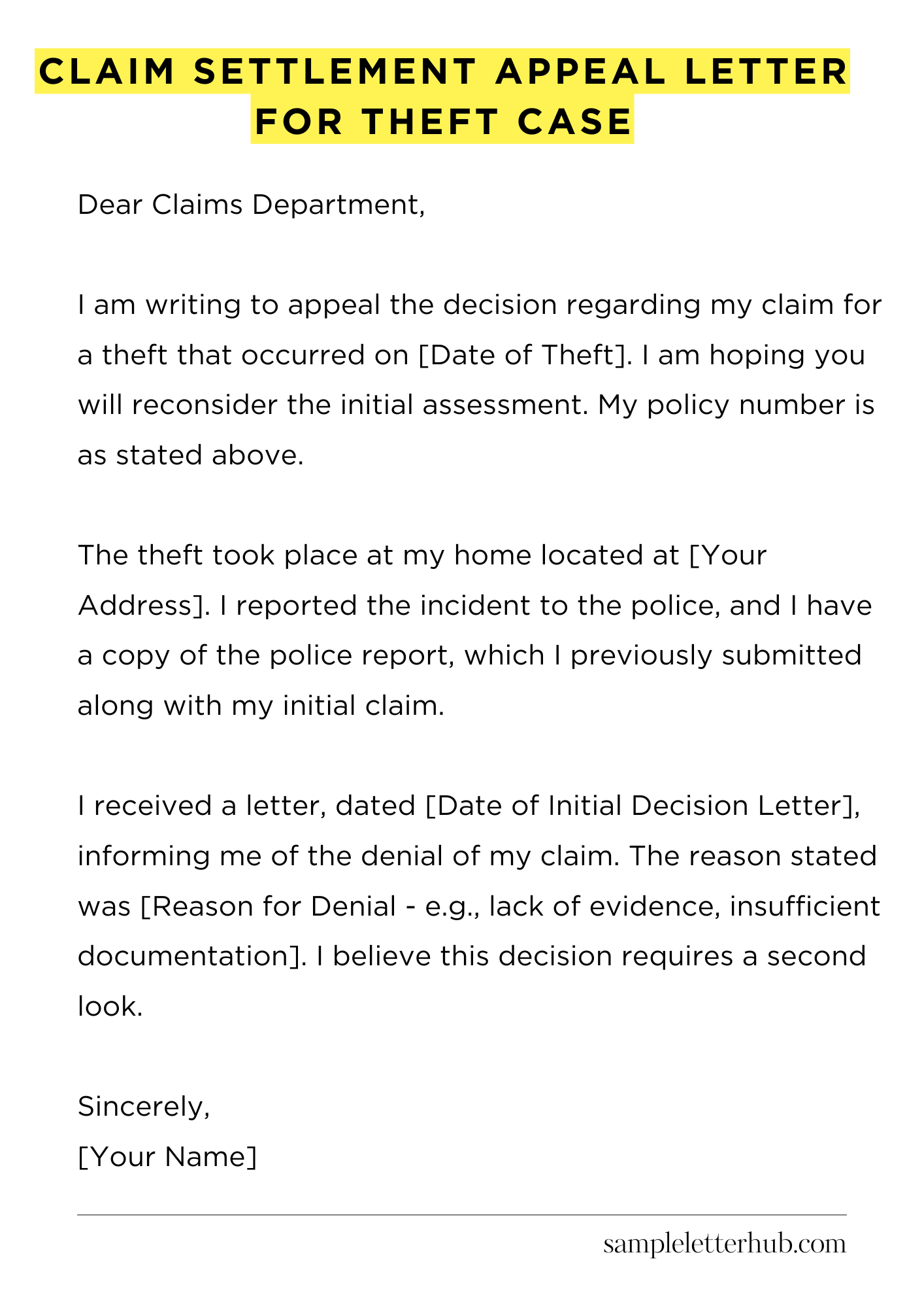 Claim Settlement Appeal Letter for Theft Case