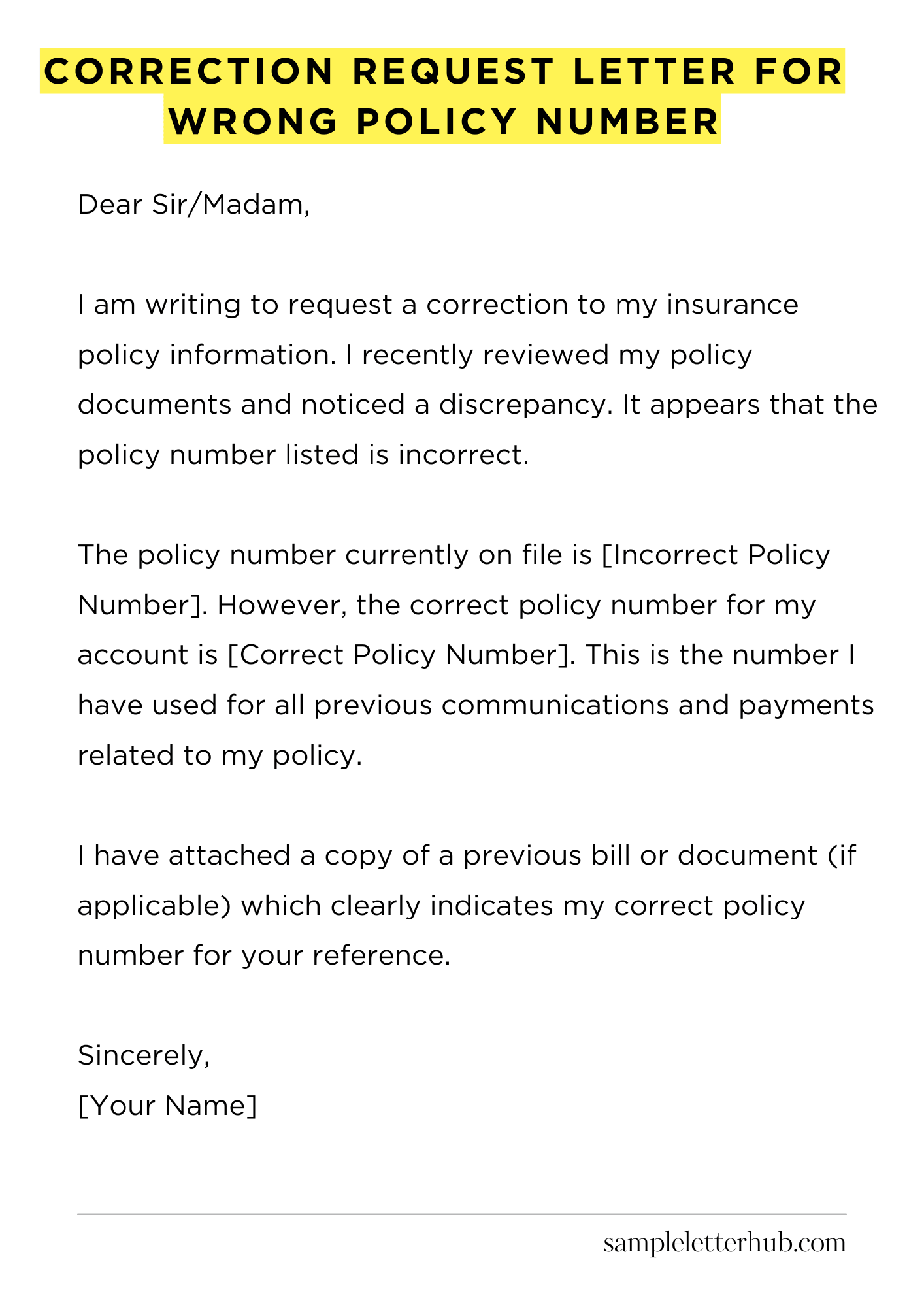 Correction Request Letter for Wrong Policy Number