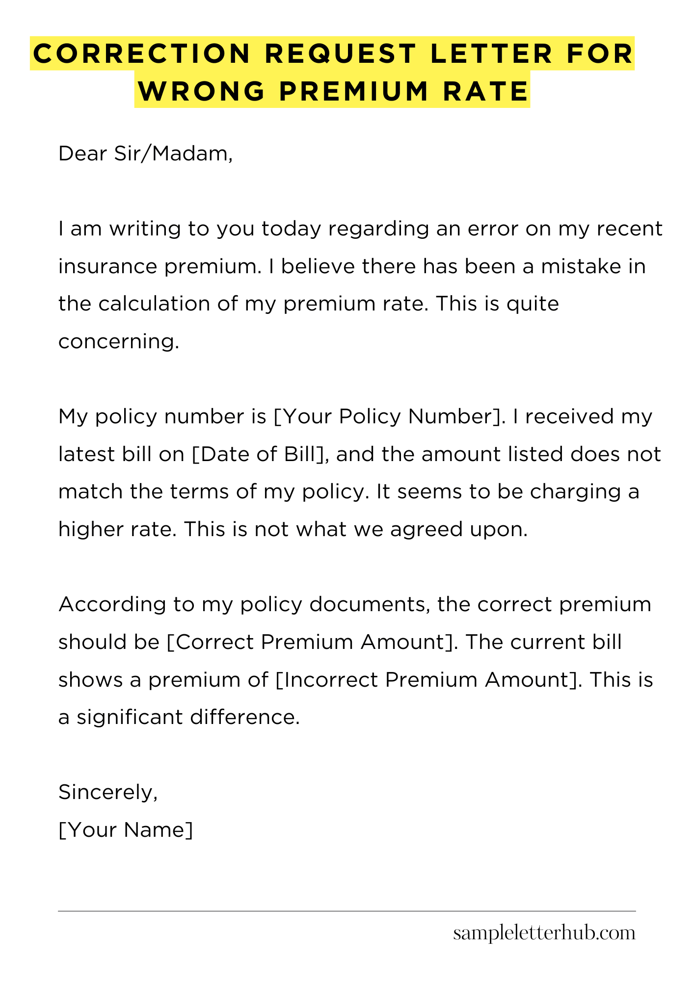 Correction Request Letter for Wrong Premium Rate