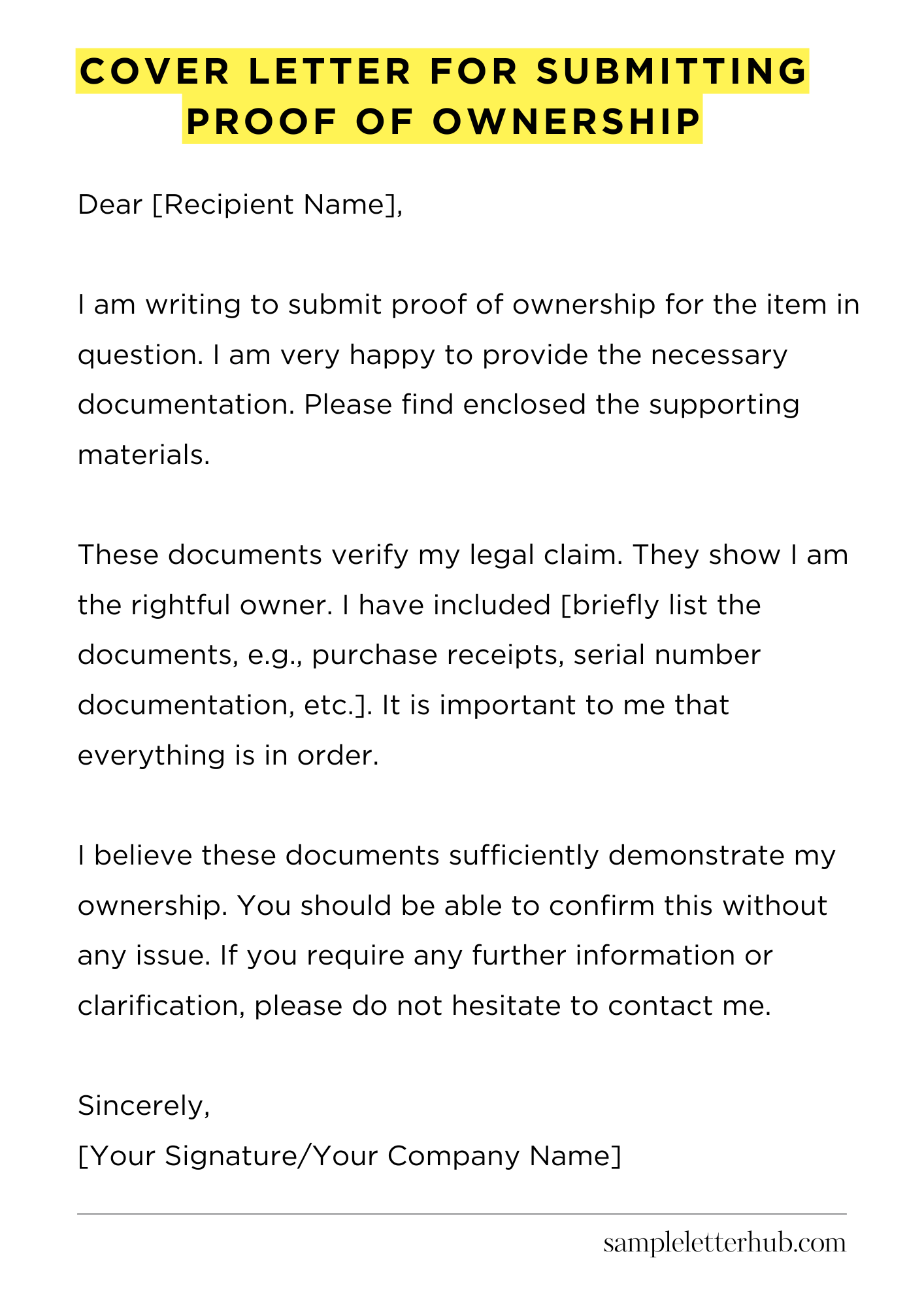 Cover Letter for Submitting Proof of Ownership
