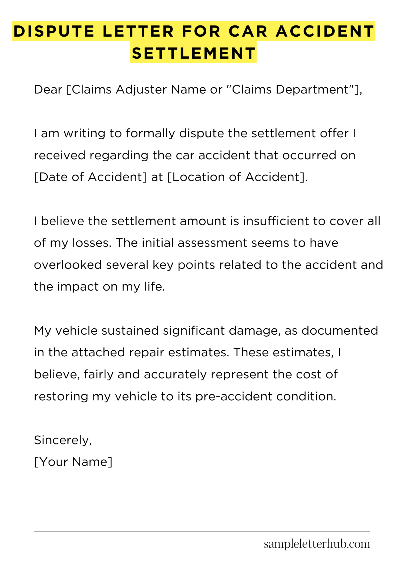 Dispute Letter for Car Accident Settlement