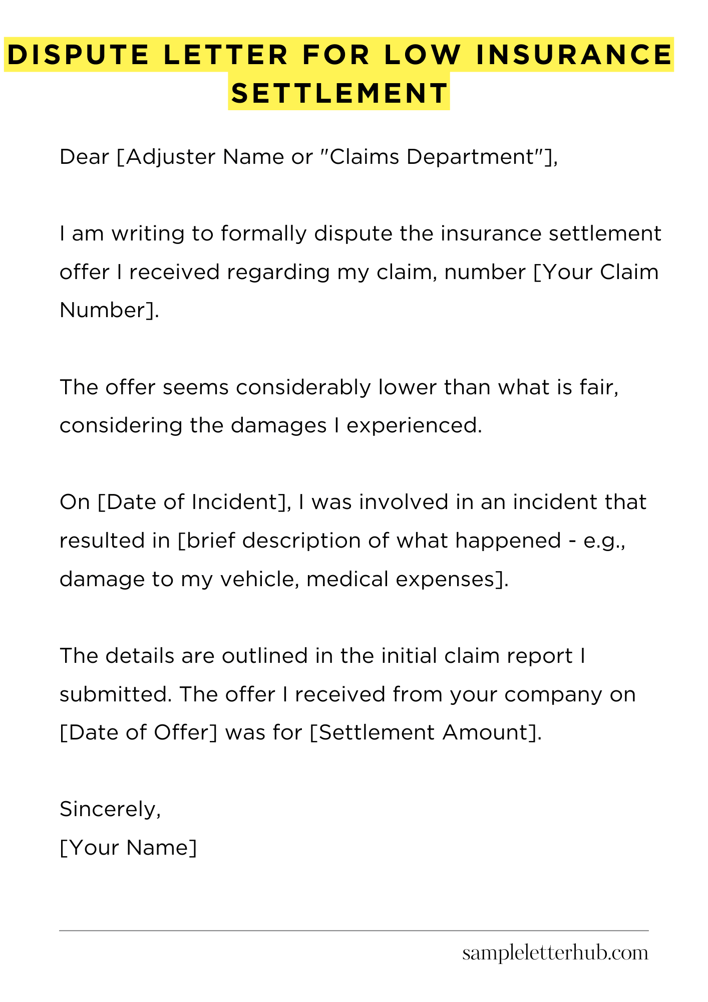 Dispute Letter for Low Insurance Settlement