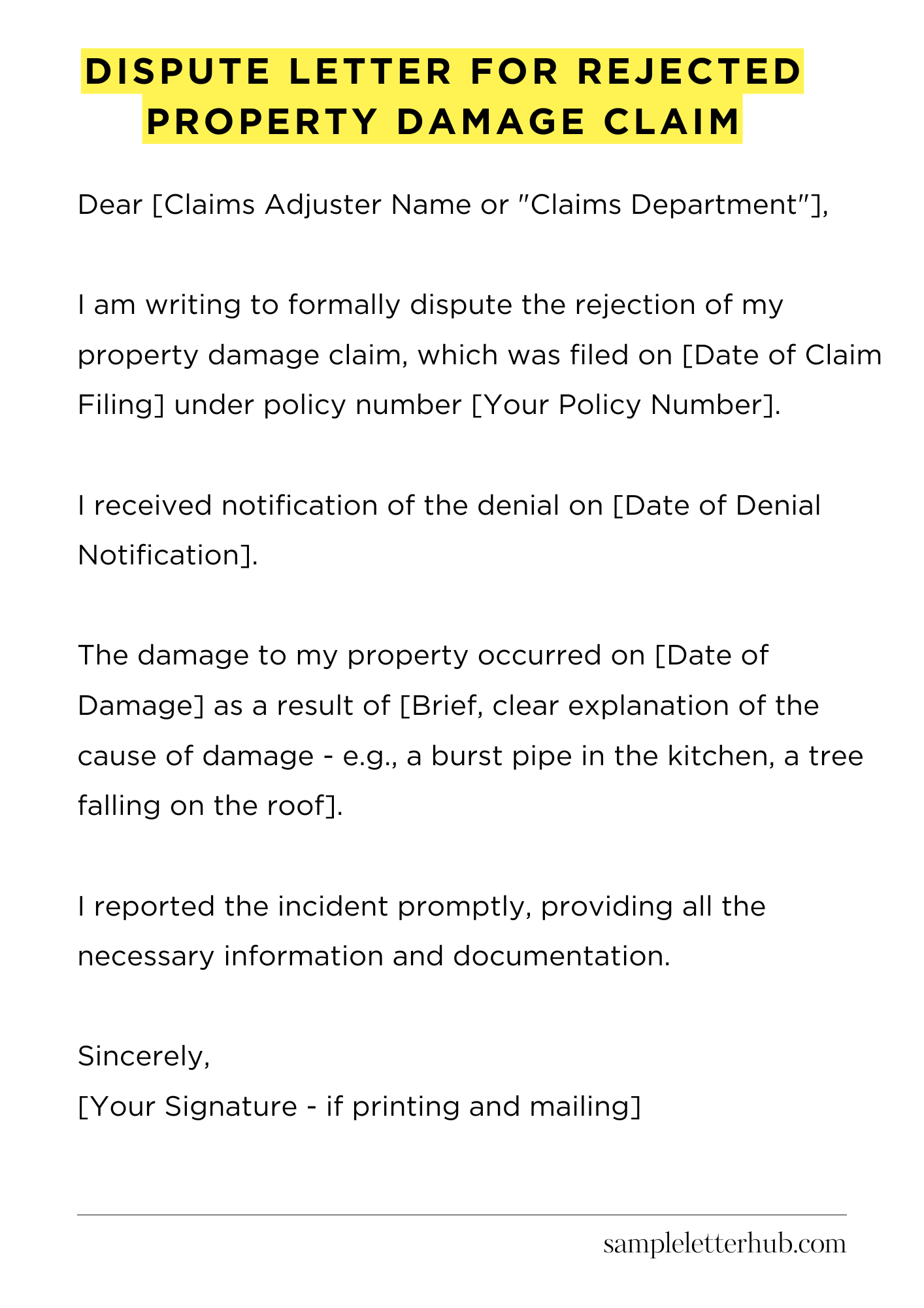 Dispute Letter for Rejected Property Damage Claim