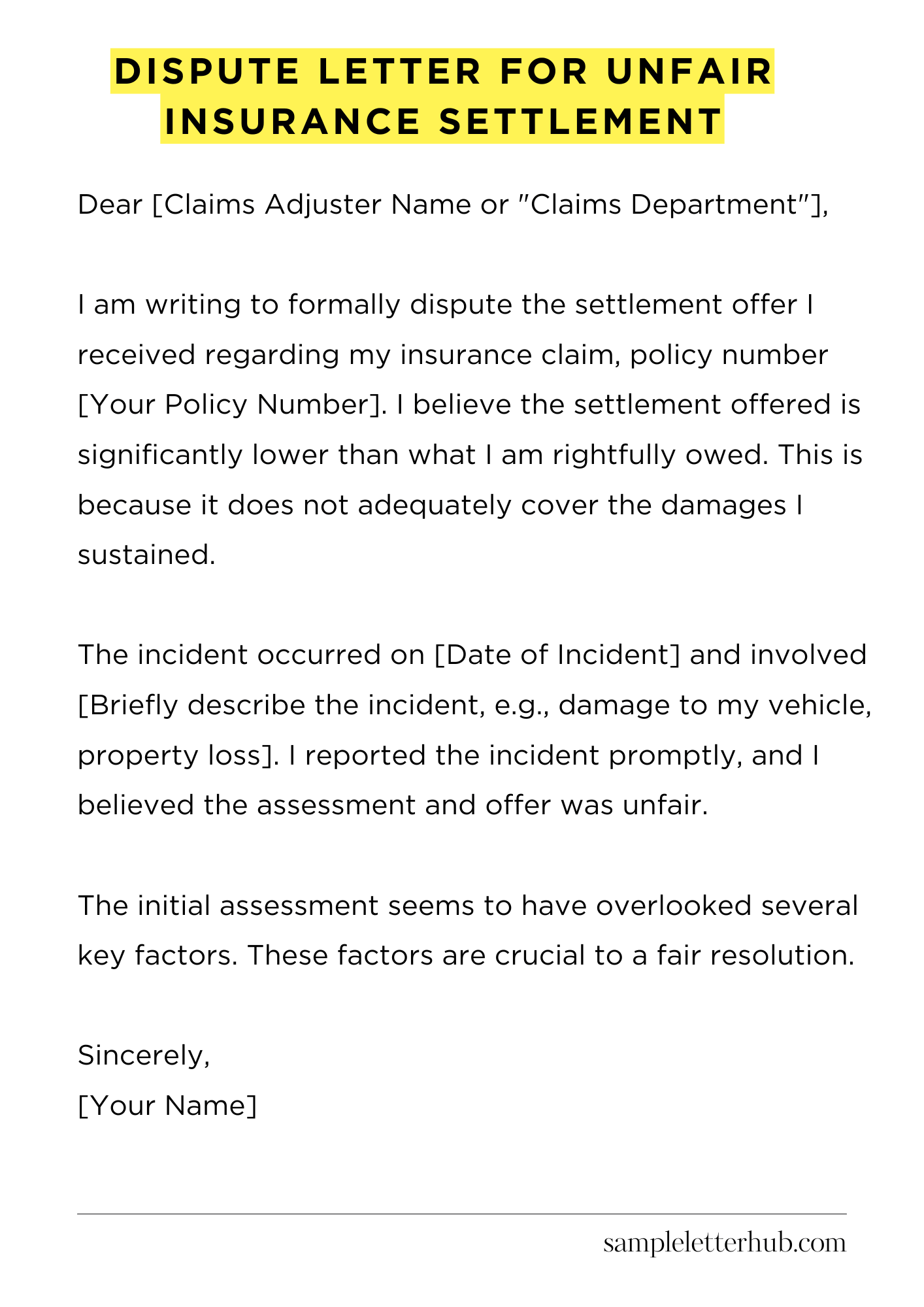 Dispute Letter for Unfair Insurance Settlement