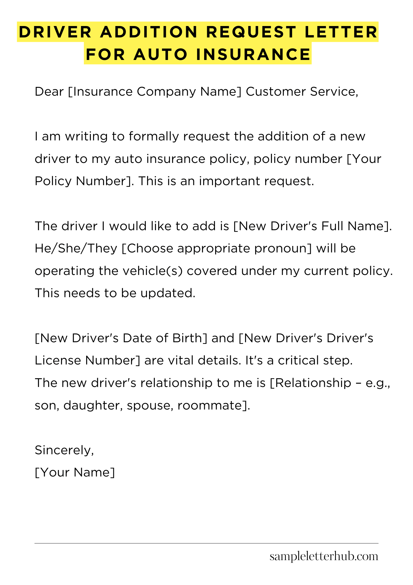 Driver Addition Request Letter for Auto Insurance