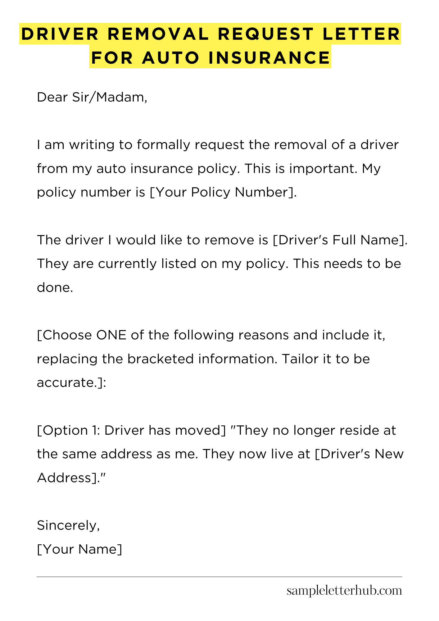 Driver Removal Request Letter for Auto Insurance