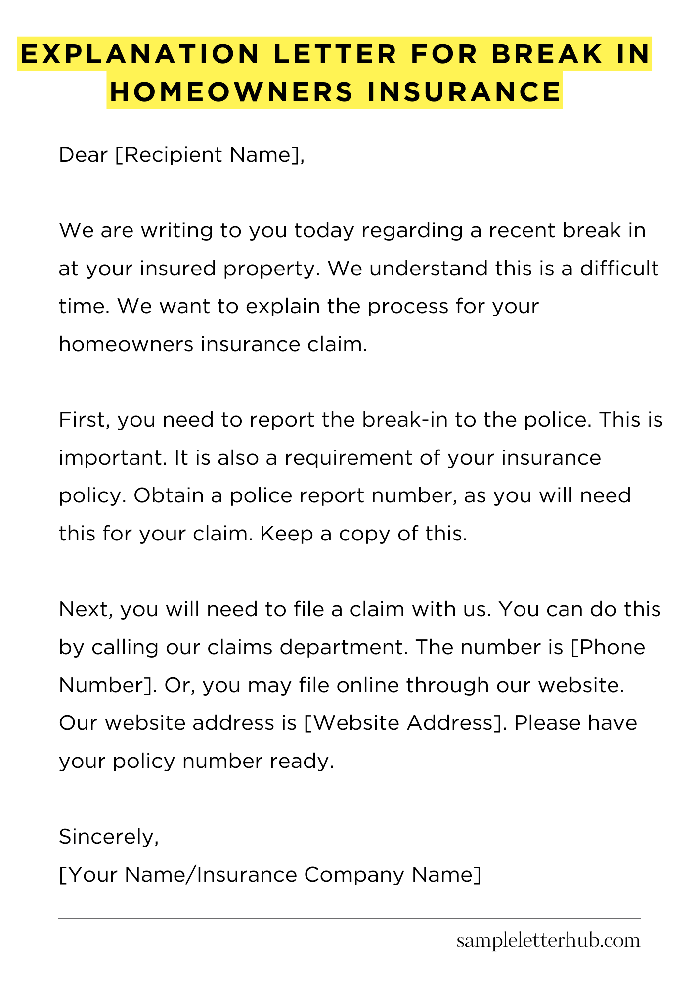 Explanation Letter for Break in Homeowners Insurance