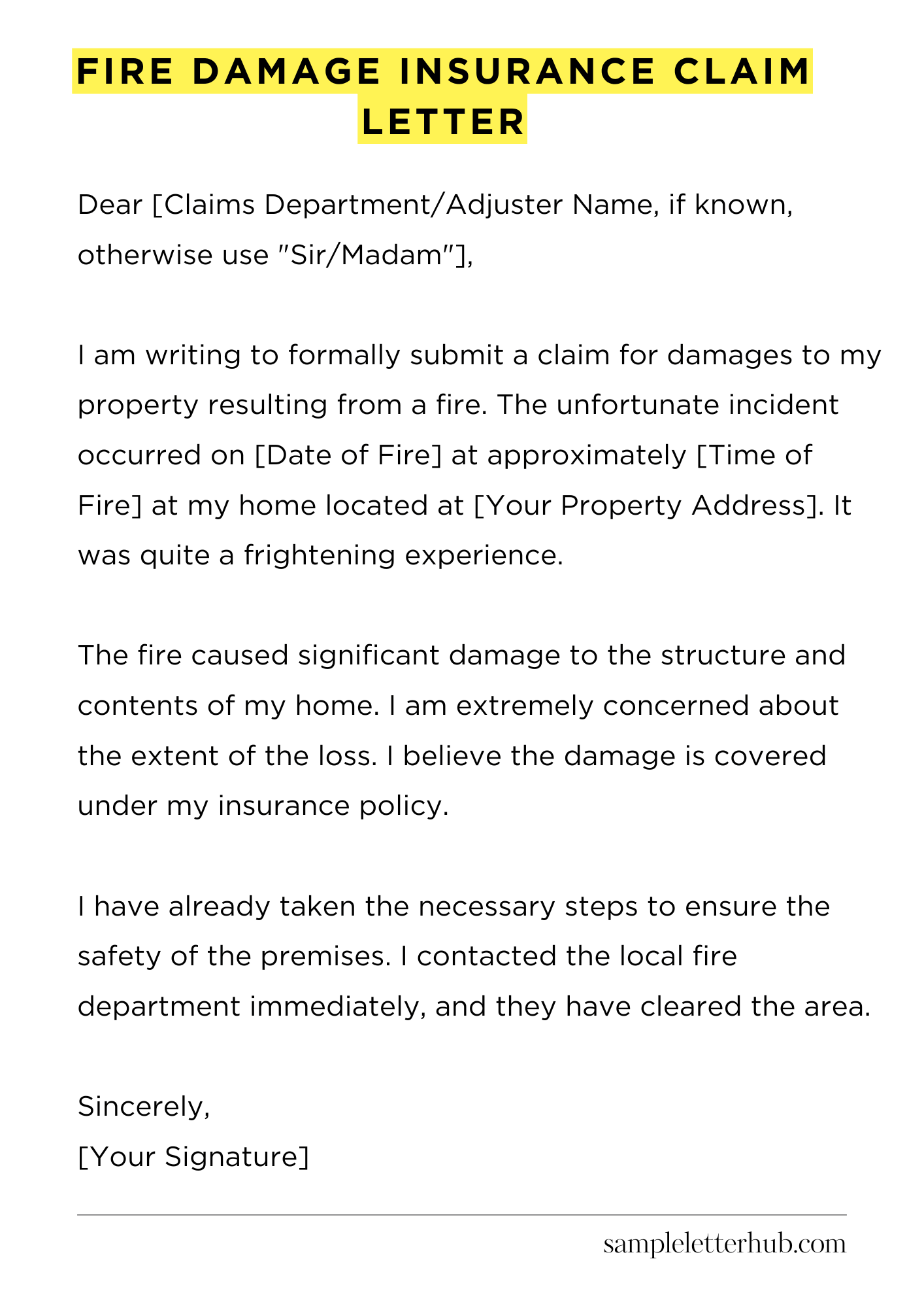 Fire Damage Insurance Claim Letter