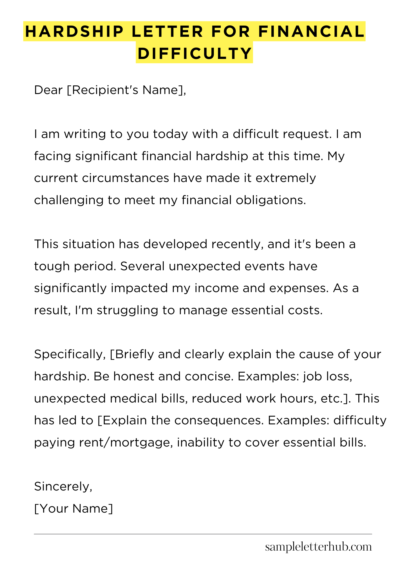 Hardship Letter for Financial Difficulty