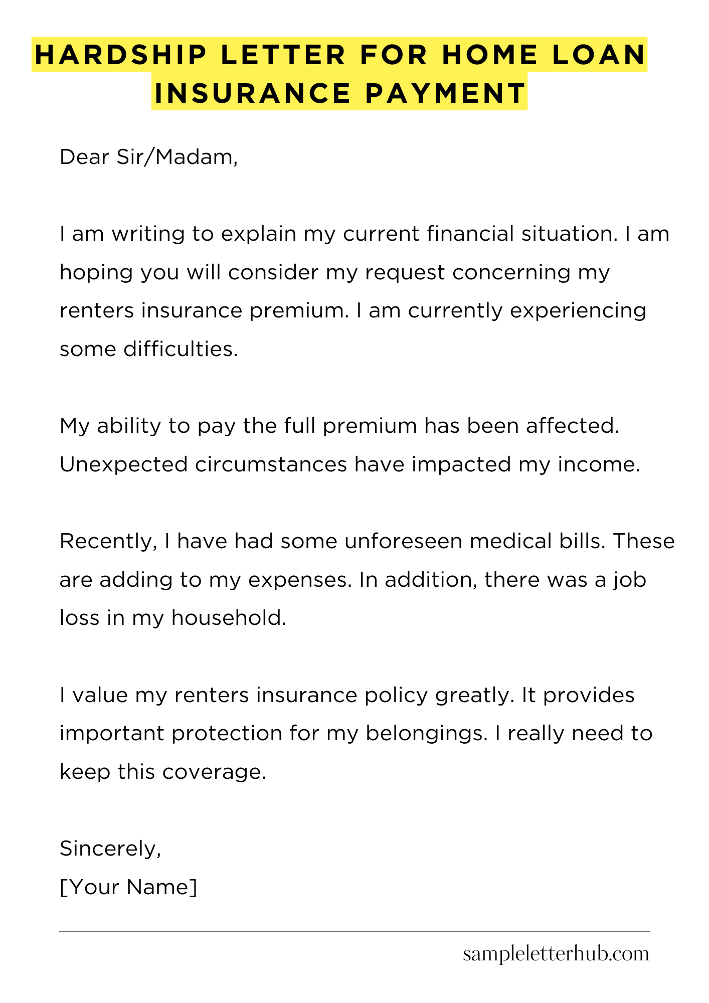 Hardship Letter for Home Loan Insurance Payment