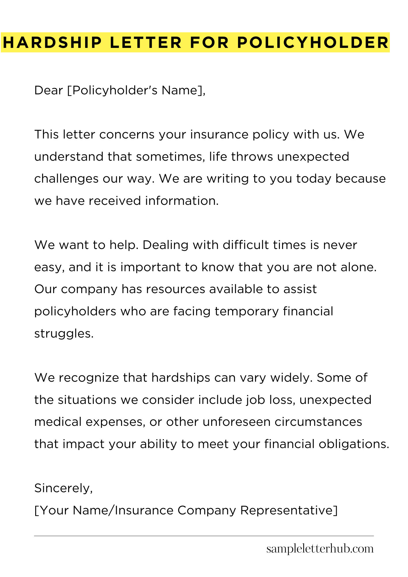 Hardship Letter for Policyholder