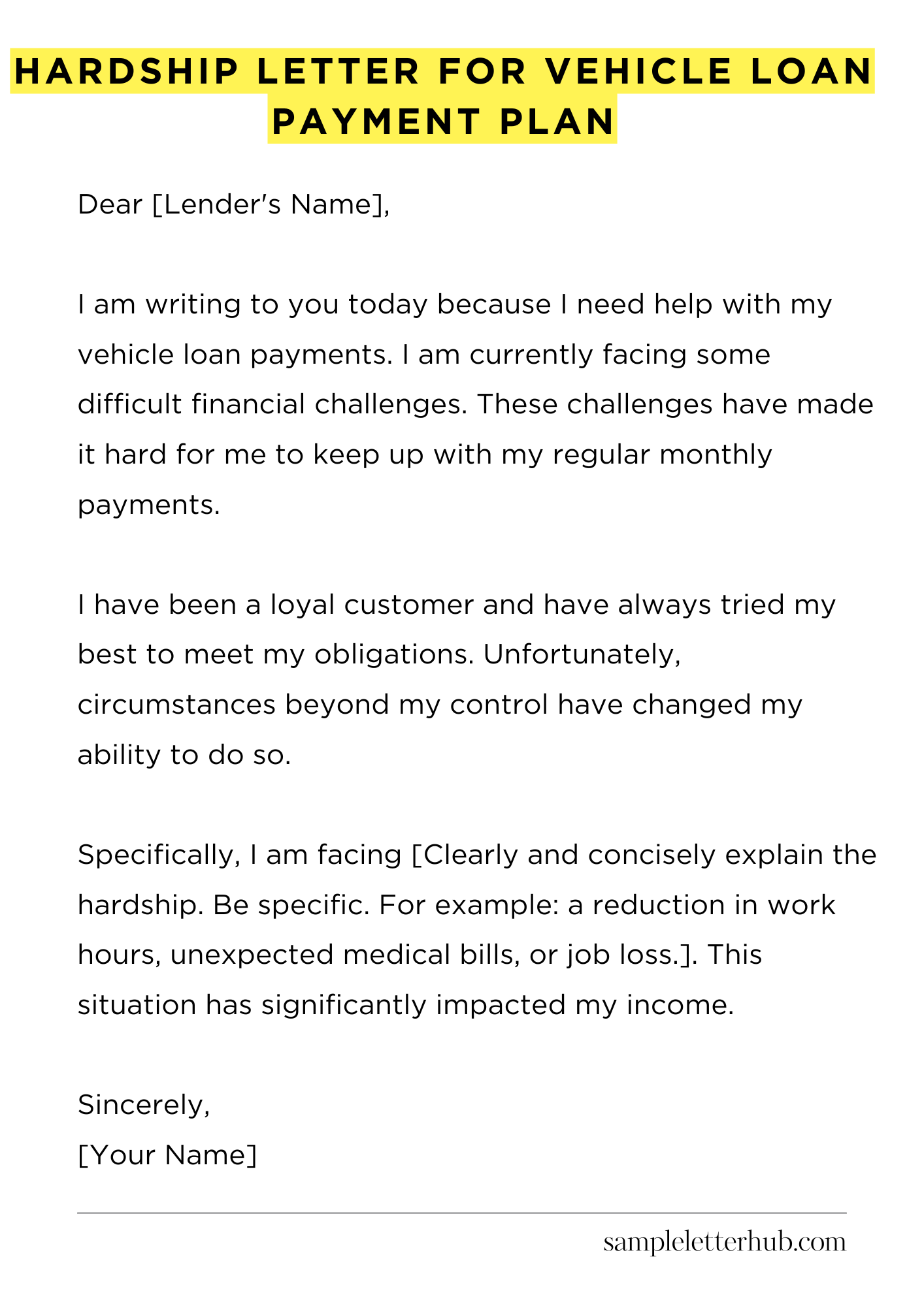 Hardship Letter for Vehicle Loan Payment Plan