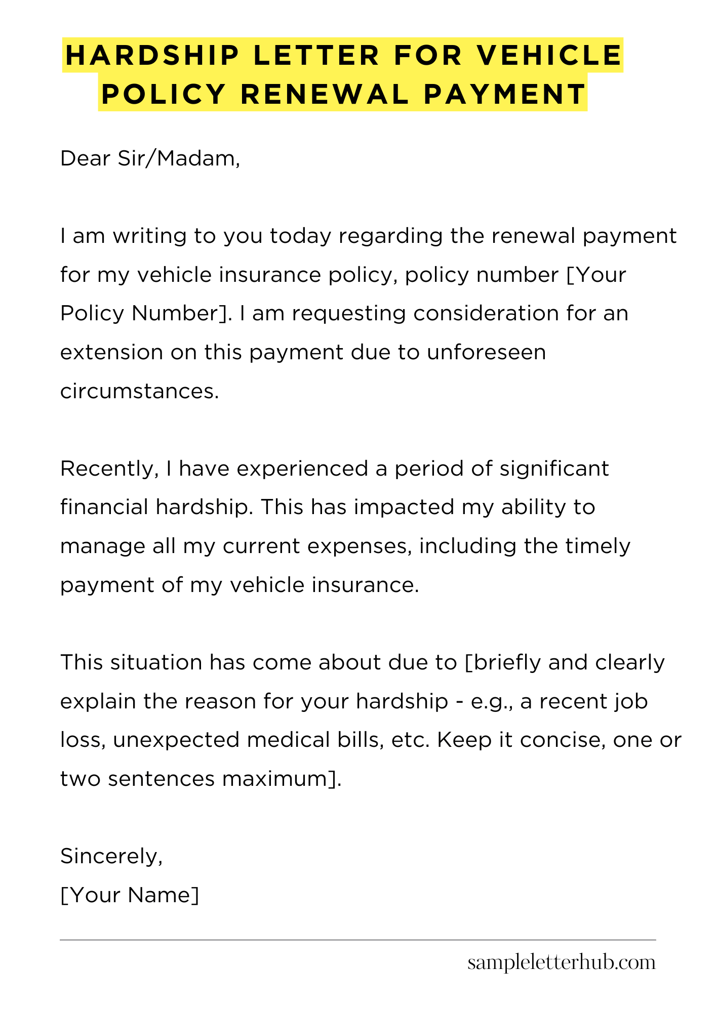 Hardship Letter for Vehicle Policy Renewal Payment