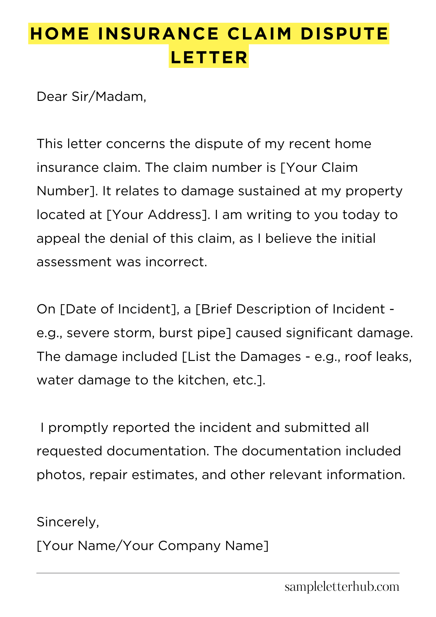 Home Insurance Claim Dispute Letter