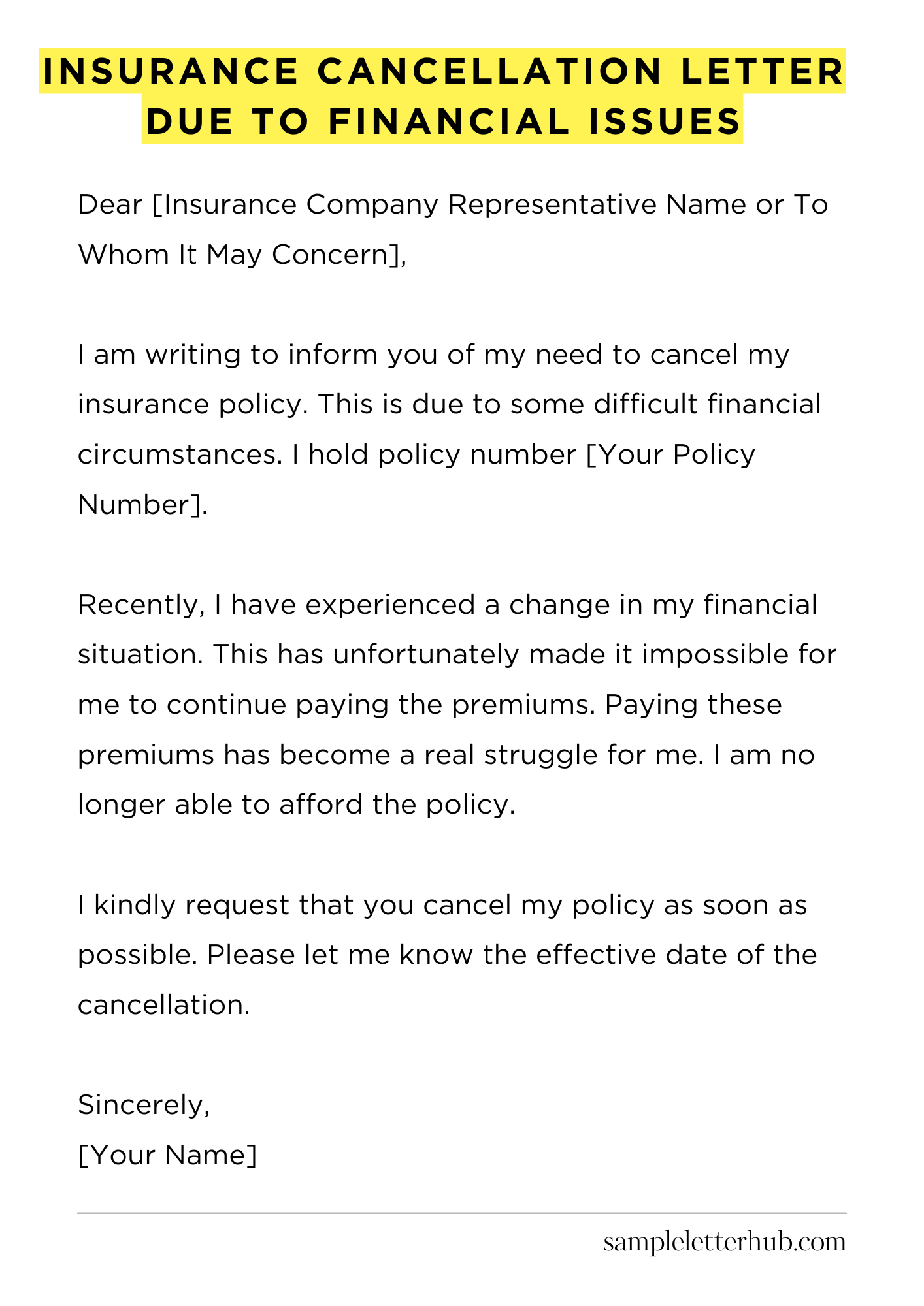 Insurance Cancellation Letter Due to Financial Issues