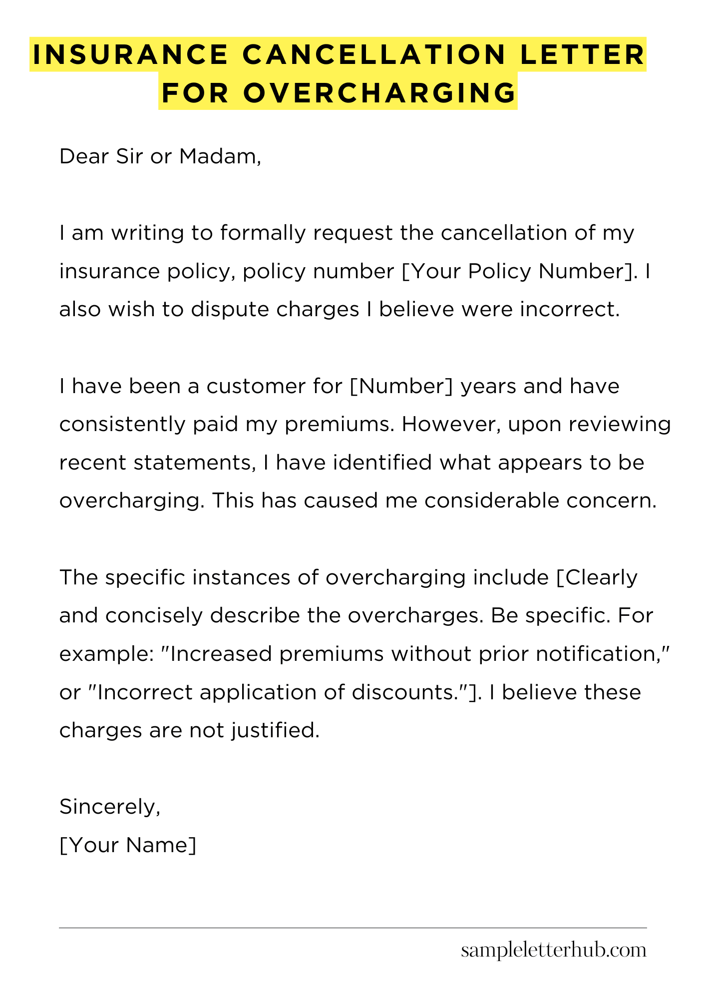 Insurance Cancellation Letter for Overcharging
