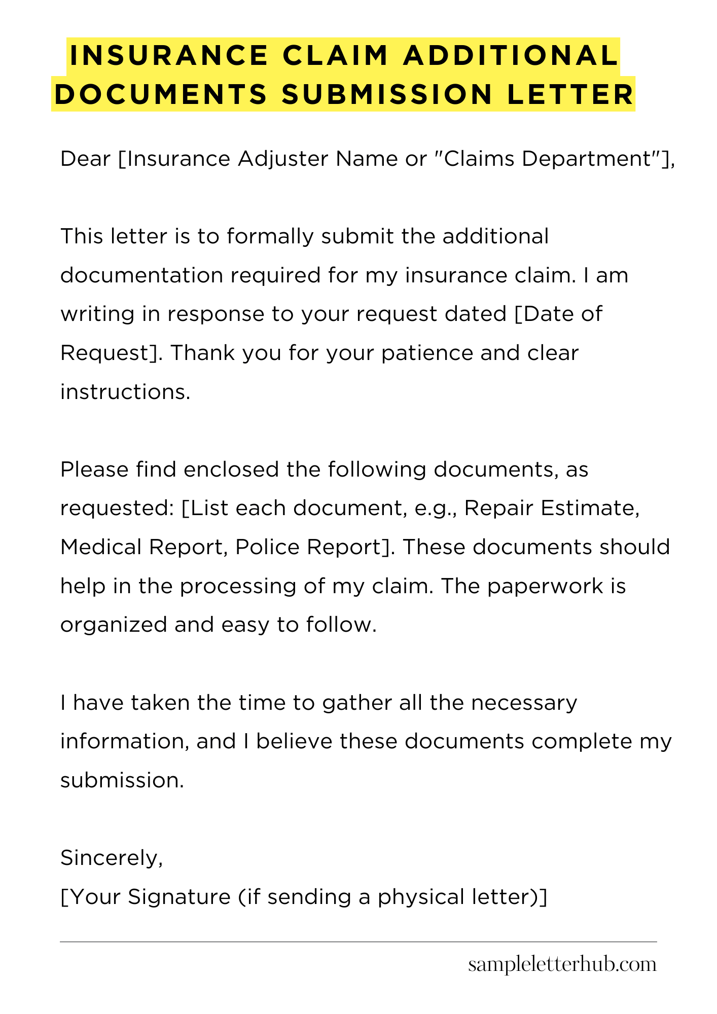 Insurance Claim Additional Documents Submission Letter