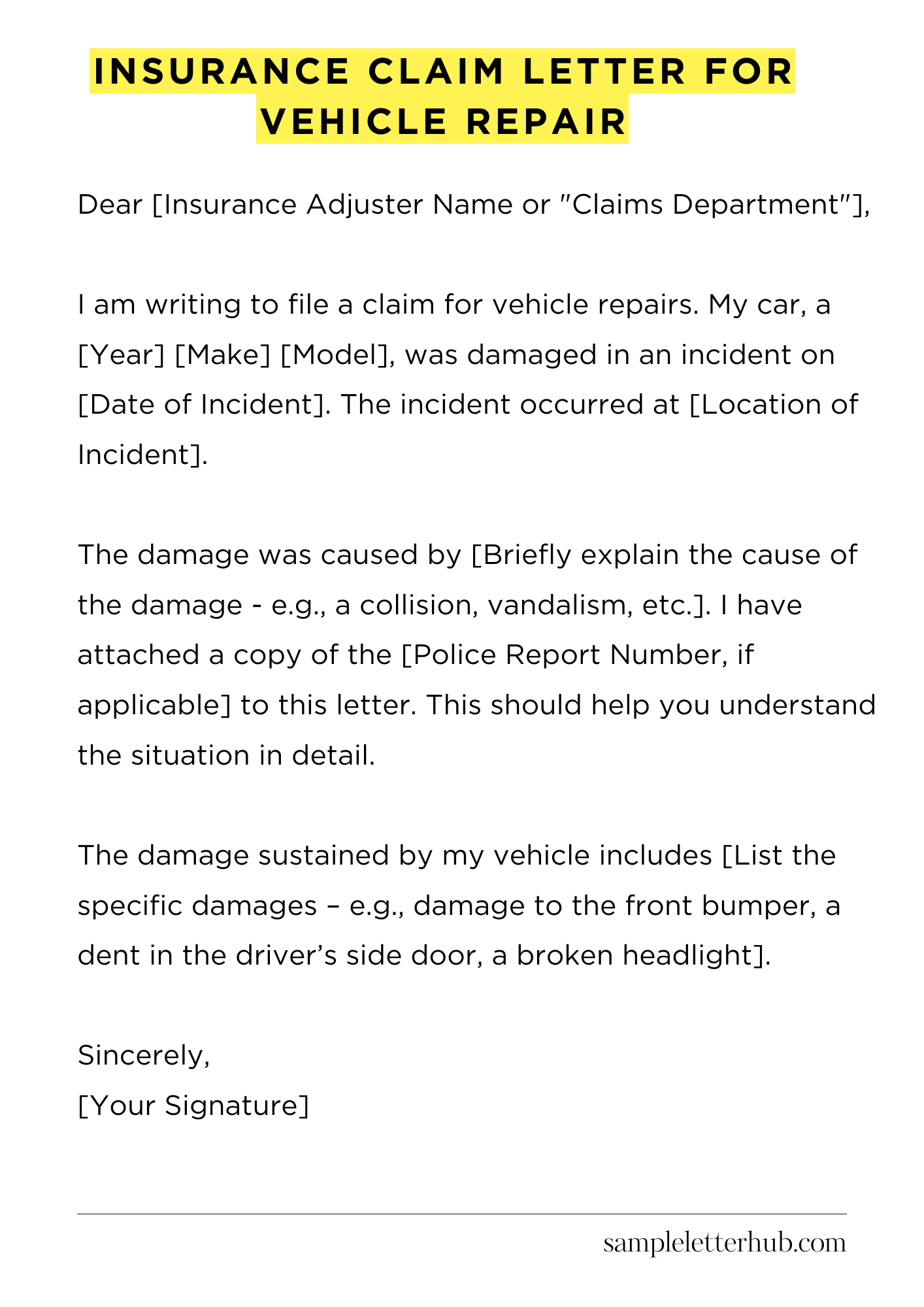 Insurance Claim Letter for Vehicle Repair