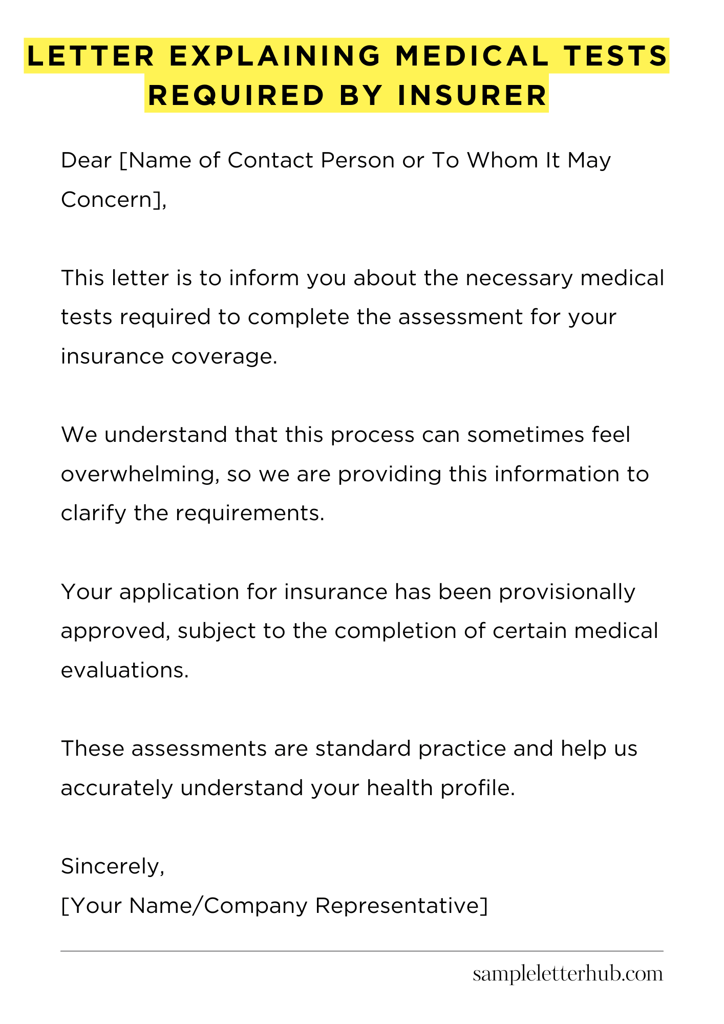 Letter Explaining Medical Tests Required by Insurer