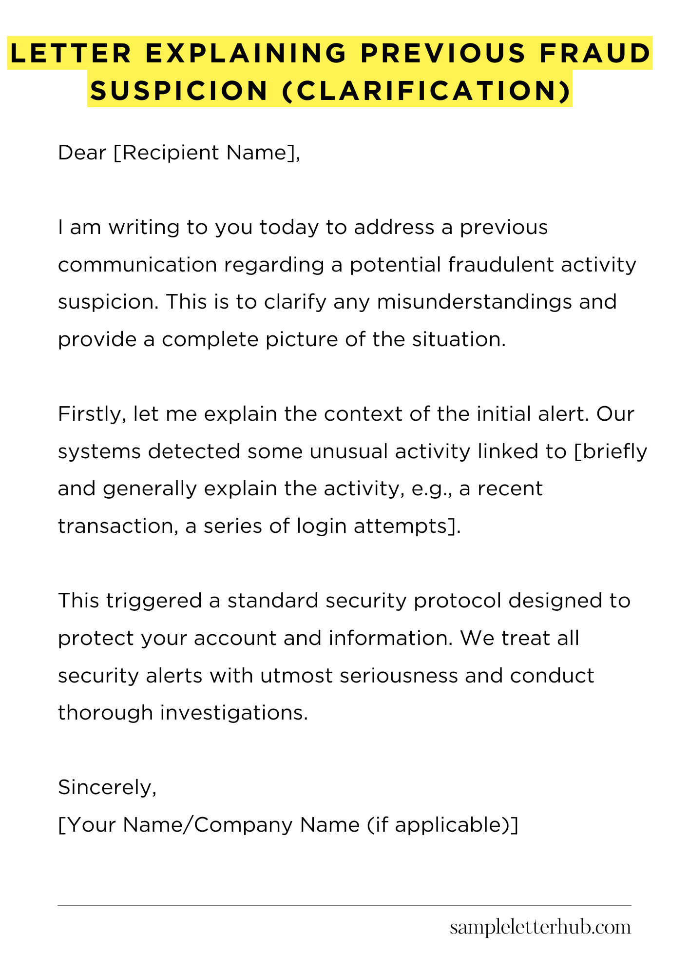 Letter Explaining Previous Fraud Suspicion (Clarification)