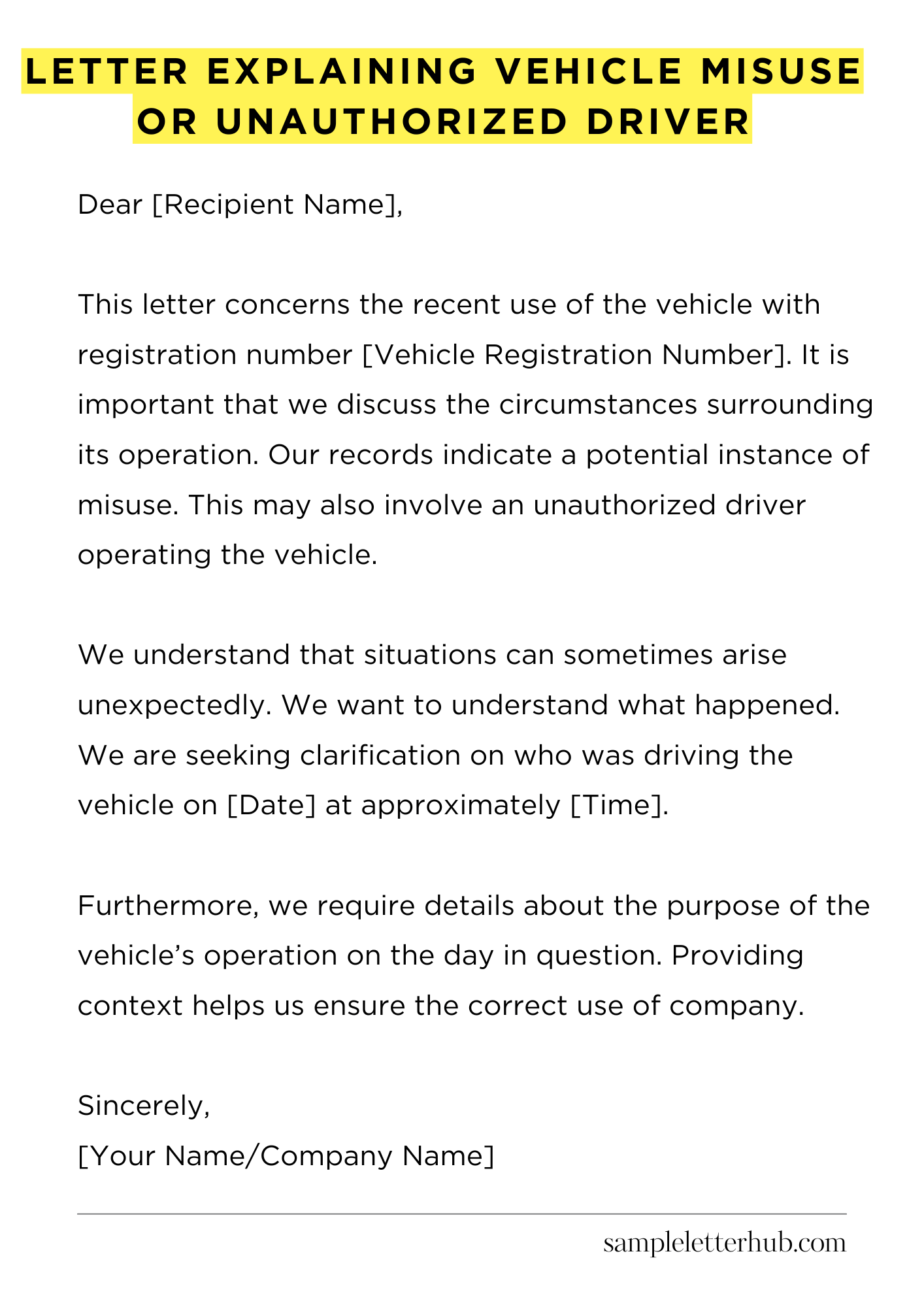 Letter Explaining Vehicle Misuse or Unauthorized Driver