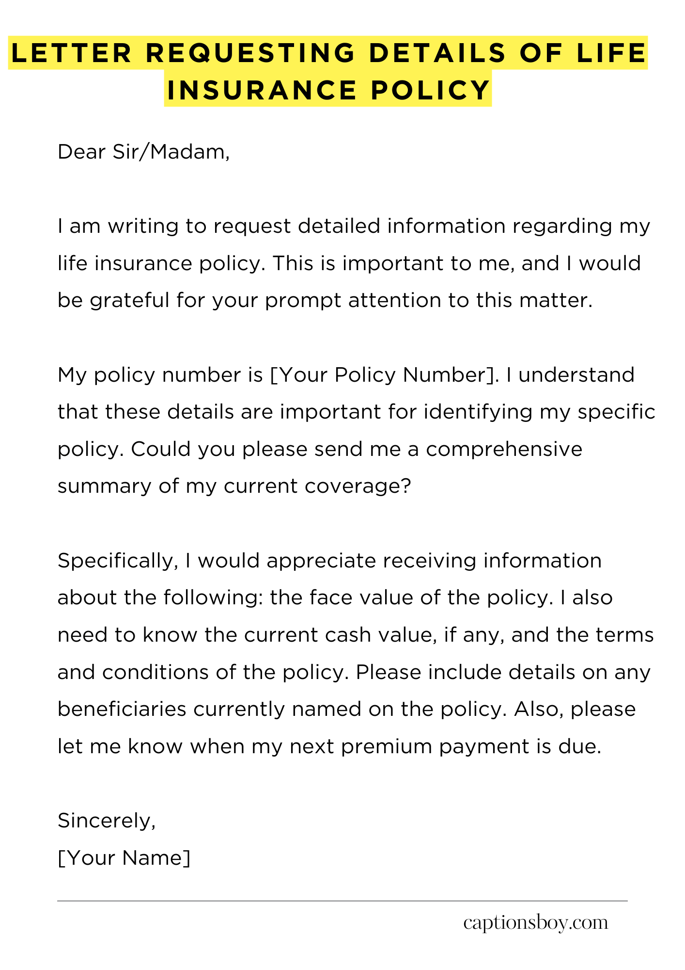 Letter Requesting Details of Life Insurance Policy
