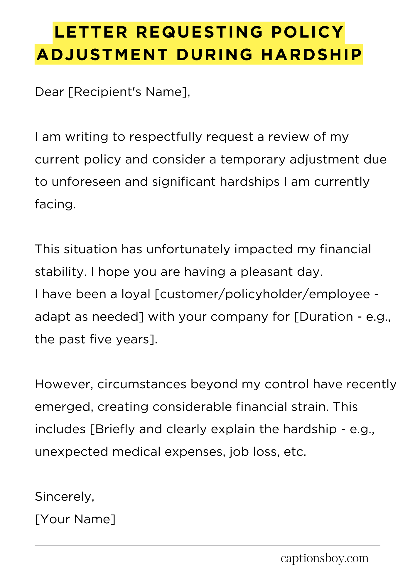 Letter Requesting Policy Adjustment During Hardship