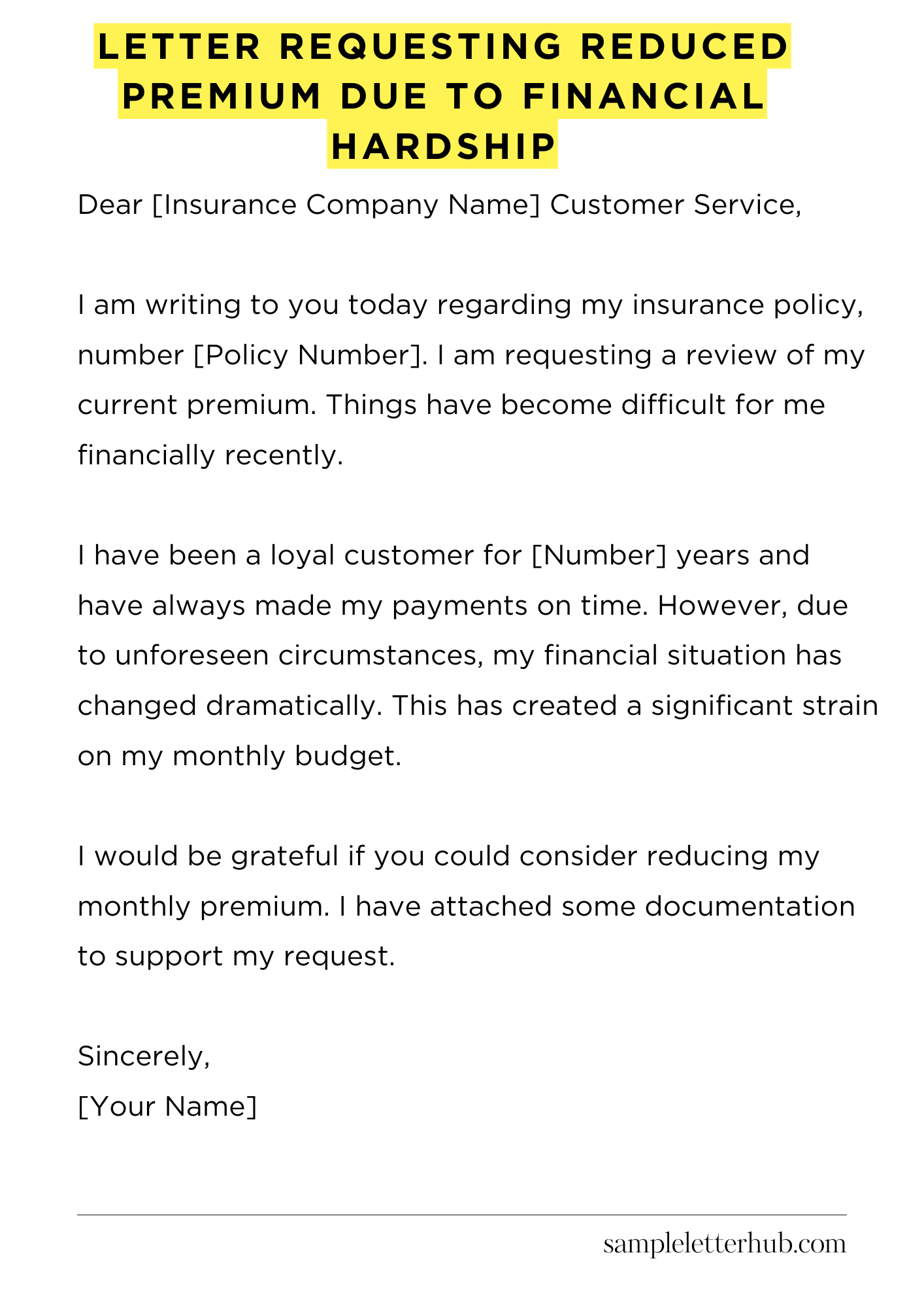 Letter Requesting Reduced Premium Due to Financial Hardship