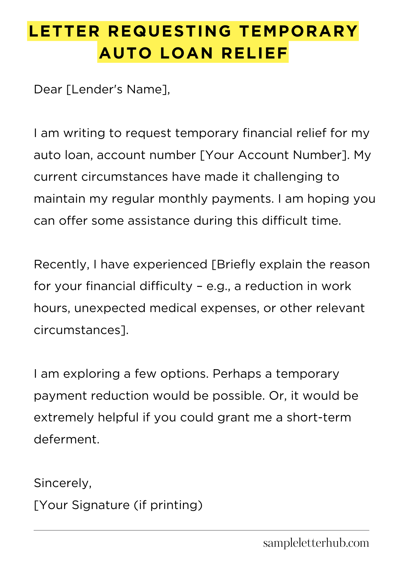 Letter Requesting Temporary Auto Loan Relief