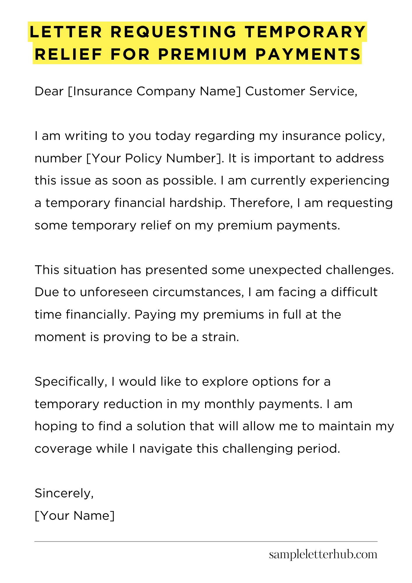 Letter Requesting Temporary Relief for Premium Payments