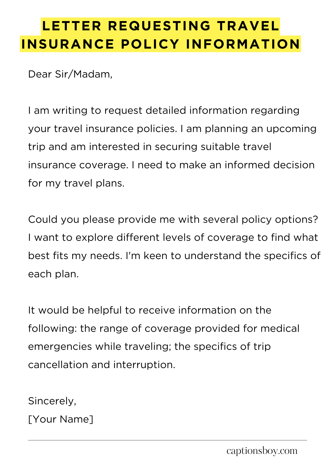 Letter Requesting Travel Insurance Policy Information