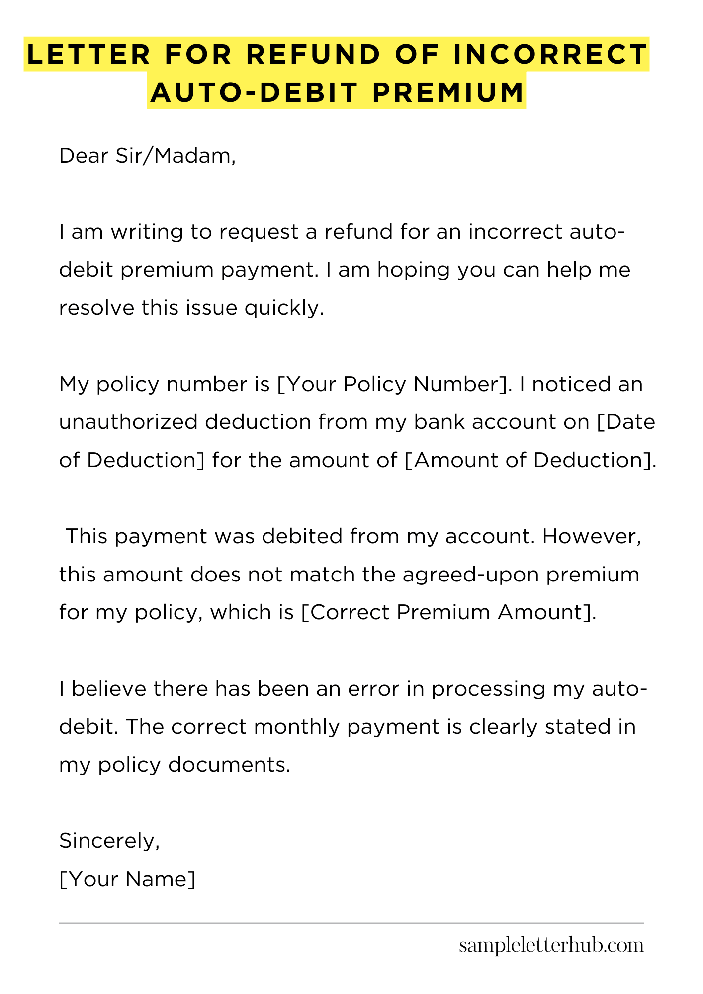 Letter for Refund of Incorrect Auto-Debit Premium