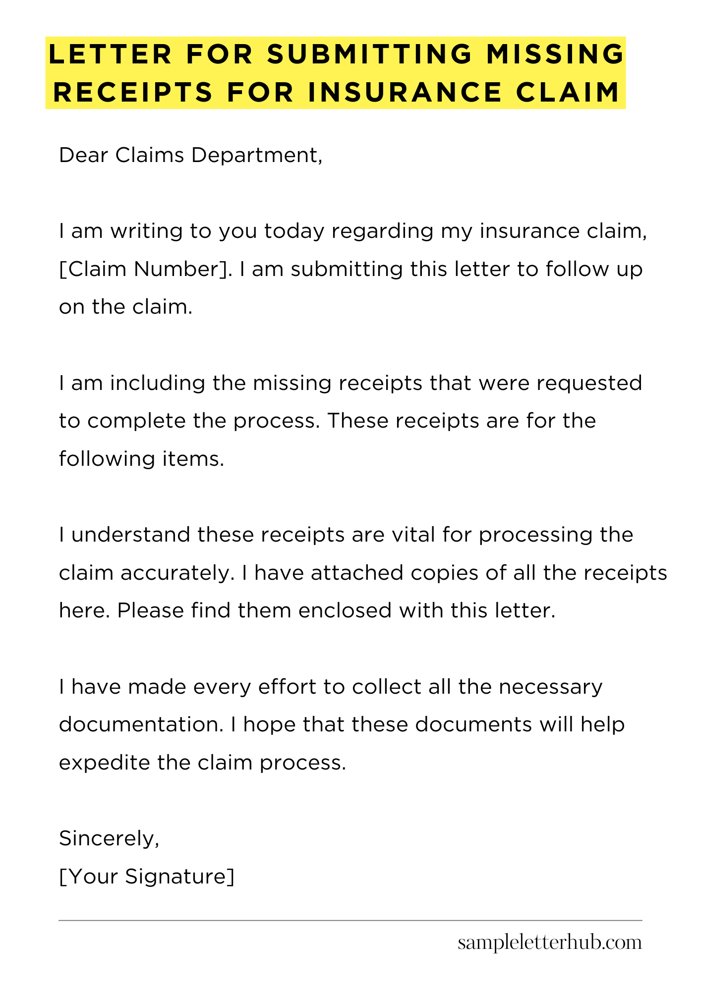 Letter for Submitting Missing Receipts for Insurance Claim