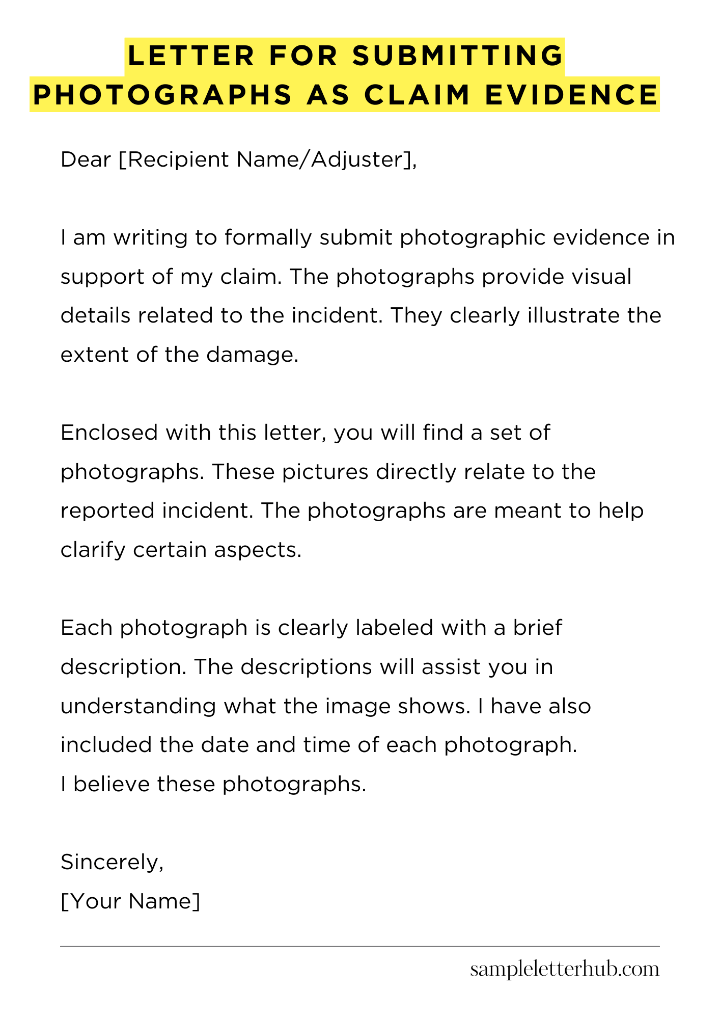 Letter for Submitting Photographs as Claim Evidence