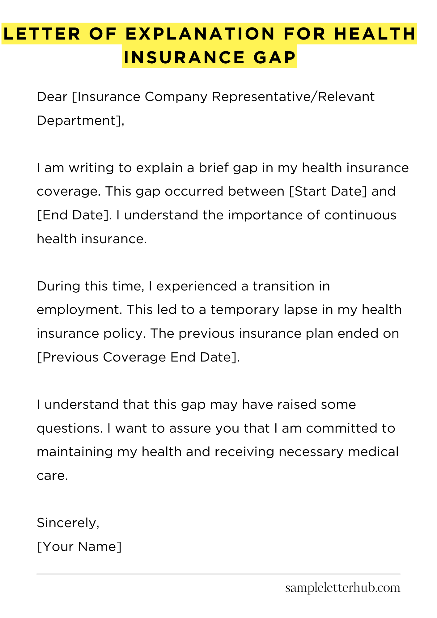 Letter of Explanation for Health Insurance Gap