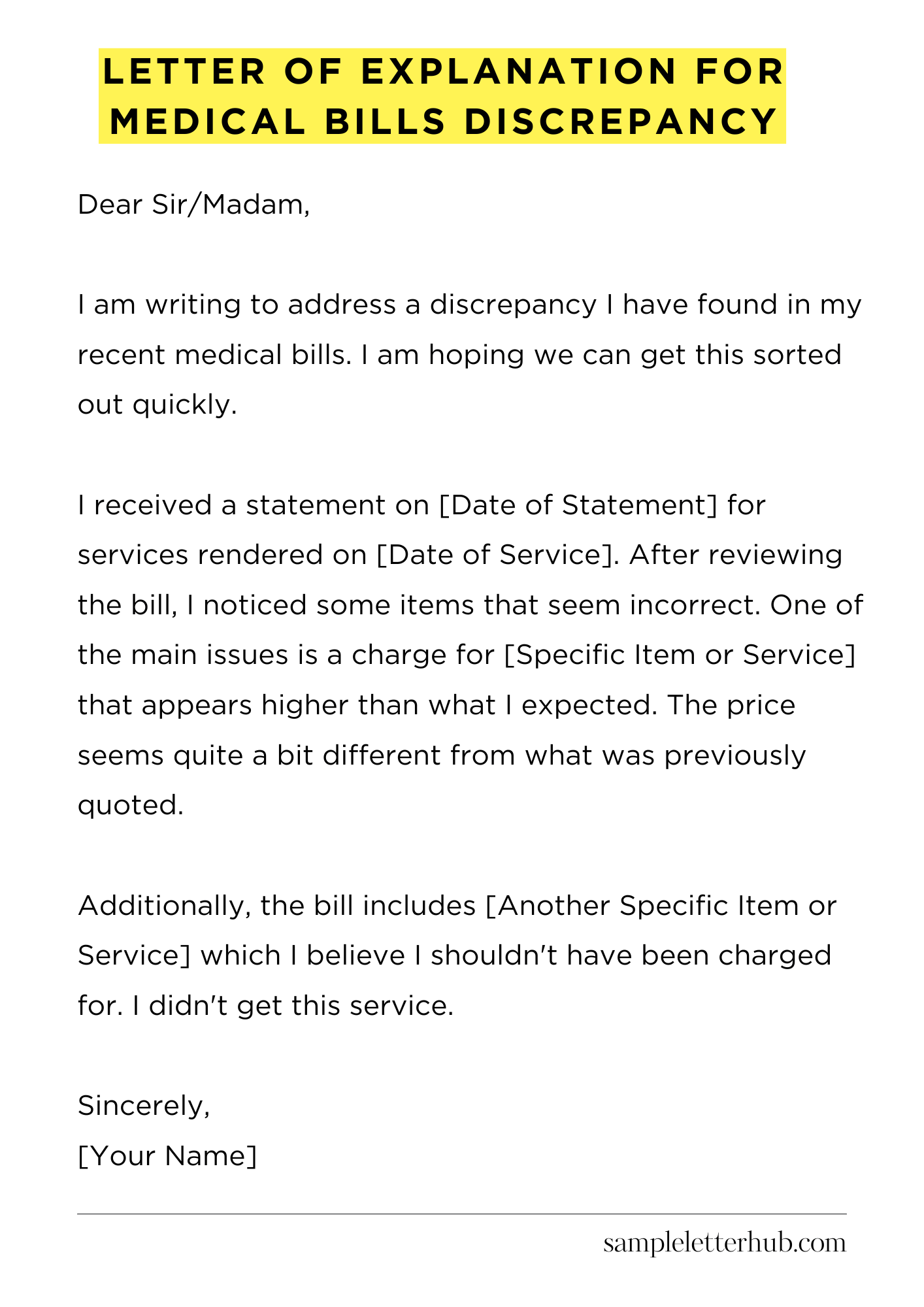 Letter of Explanation for Medical Bills Discrepancy