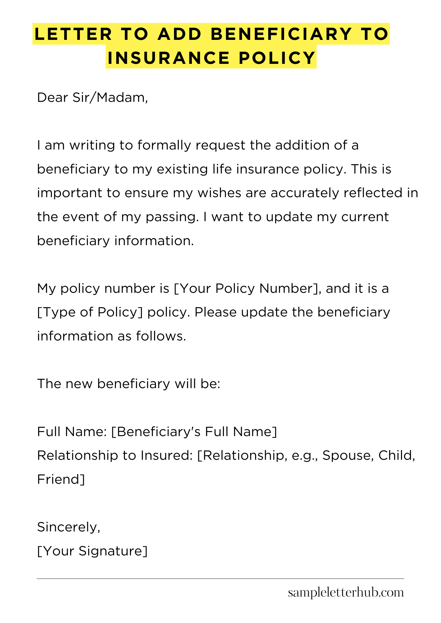 Letter to Add Beneficiary to Insurance Policy